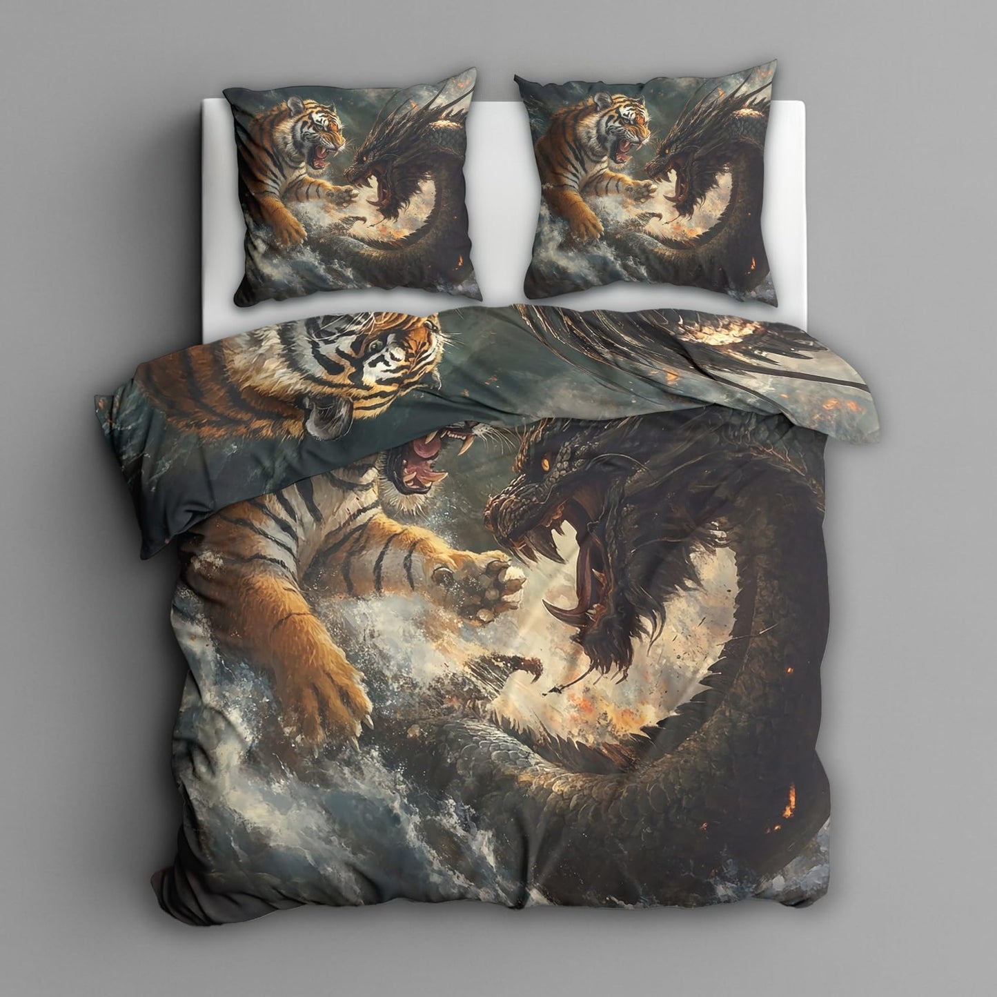 zcwl Tiger and Dragon Duvet Cover Oversized King Size | Fantasy Animal Bedding Set | 3 Piece | Soft Microfiber Patterned Comforter Cover with Zipper Ties & 2 Pillowcases | Mythical Bedroom Decor