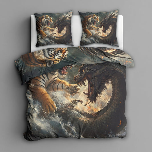 zcwl Tiger and Dragon Duvet Cover Oversized King Size | Fantasy Animal Bedding Set | 3 Piece | Soft Microfiber Patterned Comforter Cover with Zipper Ties & 2 Pillowcases | Mythical Bedroom Decor