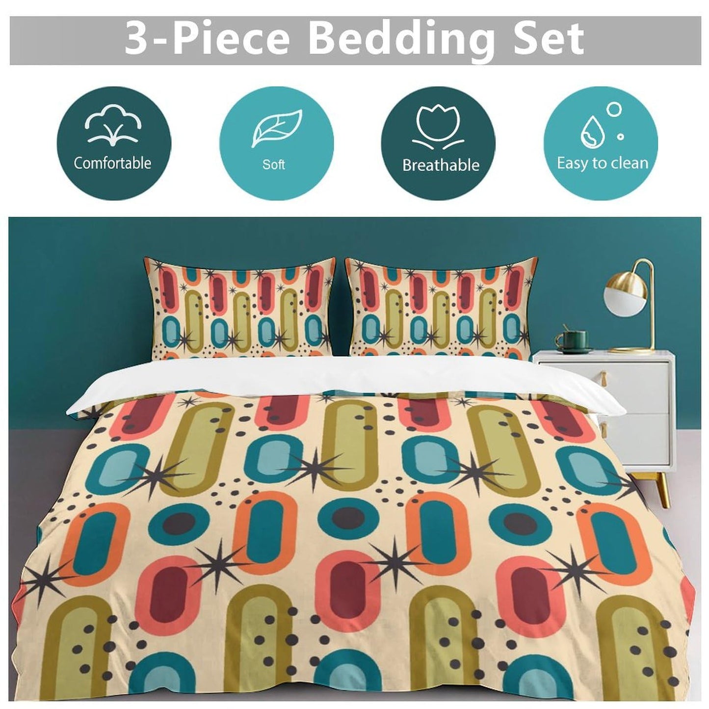 Colorful Aesthetic Comforter Cover Geometry Bed Set, Retro Atomic Duvet Cover，Modern Mid Century Bedding Sets，Aesthetic Abstract Art Bedding 3 Piece (1 Duvet Cover 86"x70" + 2 Pillow Sham 20"x30")