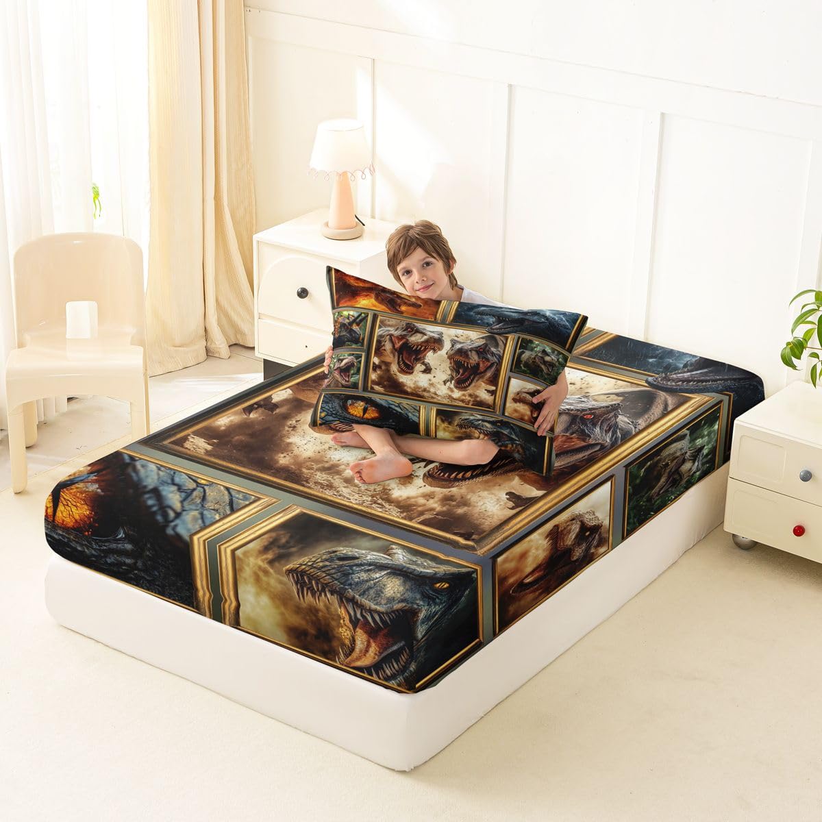 Feelyou Dinosaur Bed Sheets Sets Twin Size Kids Boys Girls 3D Digital Print Bedding Set Jungle Dino Bed Sheet Set with 16-Inch Deep Pockets Blue Orange White Yellow 3Pcs with 1 Pillow Cases Wildlife