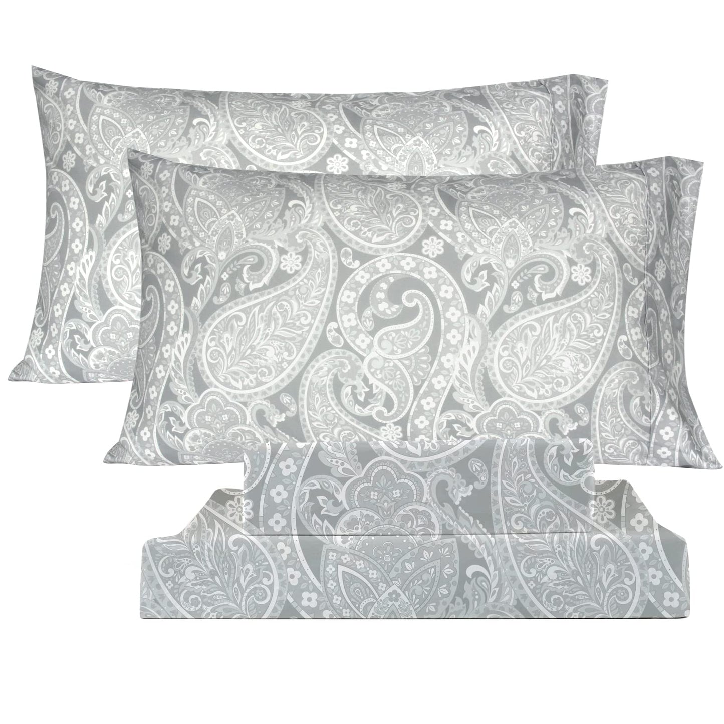 KACEMOO California King Size Sheets, Soft Gray Paisley Bed Sheets, Floral Printed Pattern Sheet Set with Deep Pocket, Breathable 1800 Thread Fitted Microfiber Bed Sheets