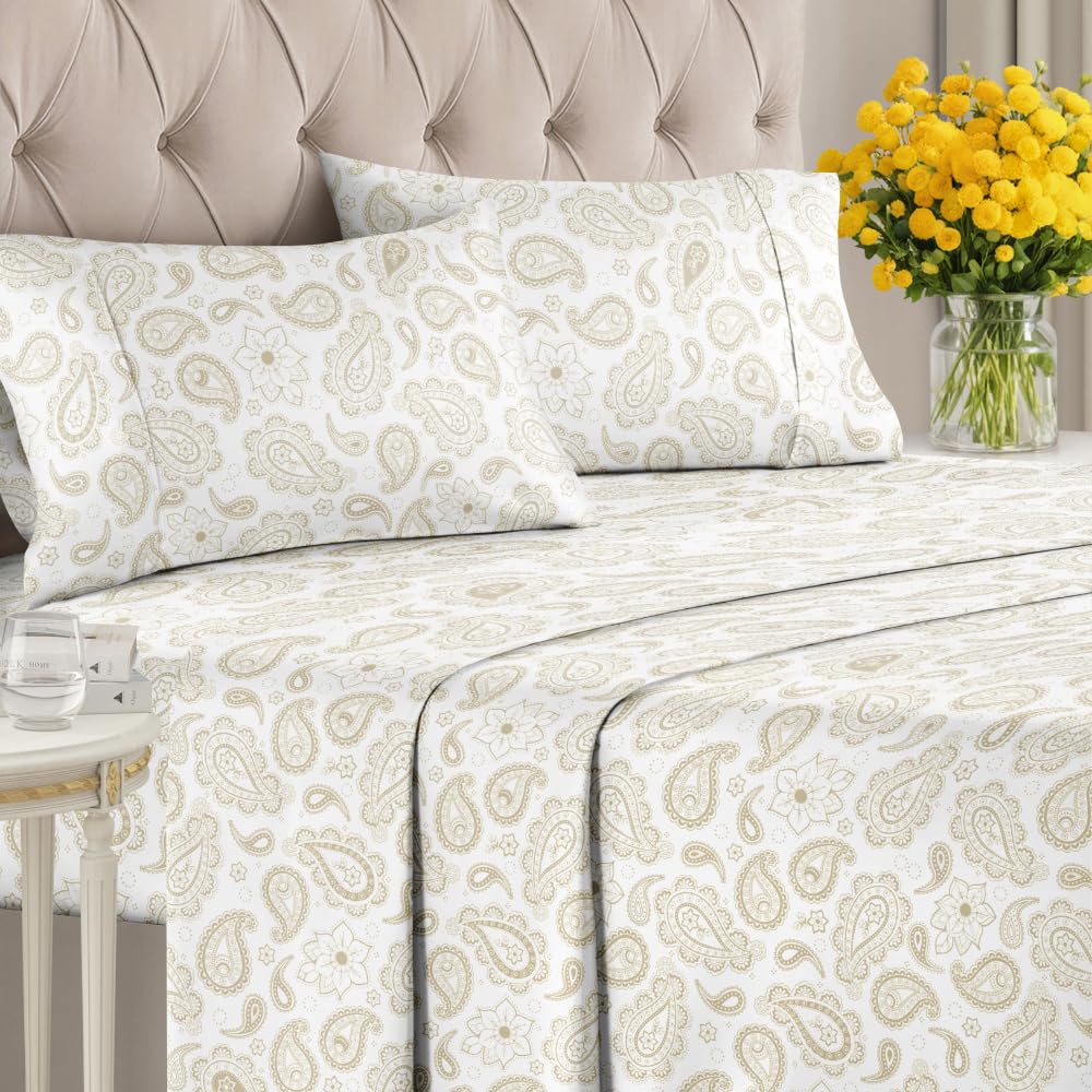 Floral Sheets - Paisley Bed Sheet Set - 1 Flat, 1 Fitted & 2 Pillowcases w/ Deep Pockets - Comfy, Cozy, Wrinkle & Fade Free - Boho Botanical Bedding - Ultra-Soft, Breathable & Cooling - King Size
