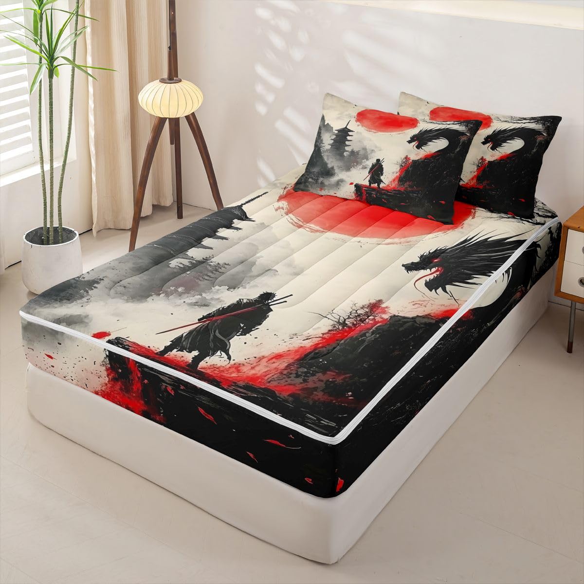 Erosebridal Japanese Theme Kids Bedding Set Full Samurai Dragon Zipper Comforter Set for Boys Girls Teen Black and Red Zip Up Bedding Retro Sun Mountain Bed in a Bag Set with Fitted Sheet