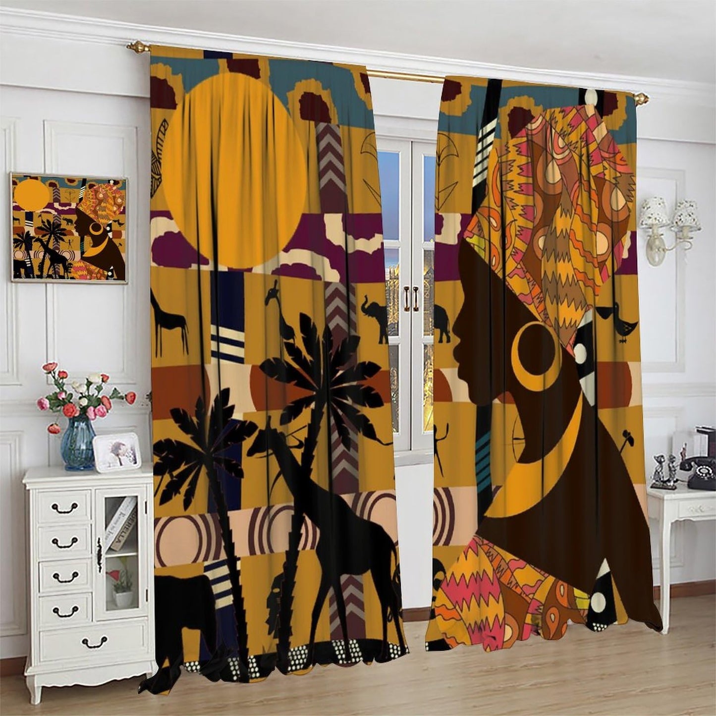 JESTRONRY Black Girl Curtains for Living Room,African Woman Window Treatments Kids Bedroom Curtain,Tropical Landscape Style Home Decor Blackout Drapes W42xL45in