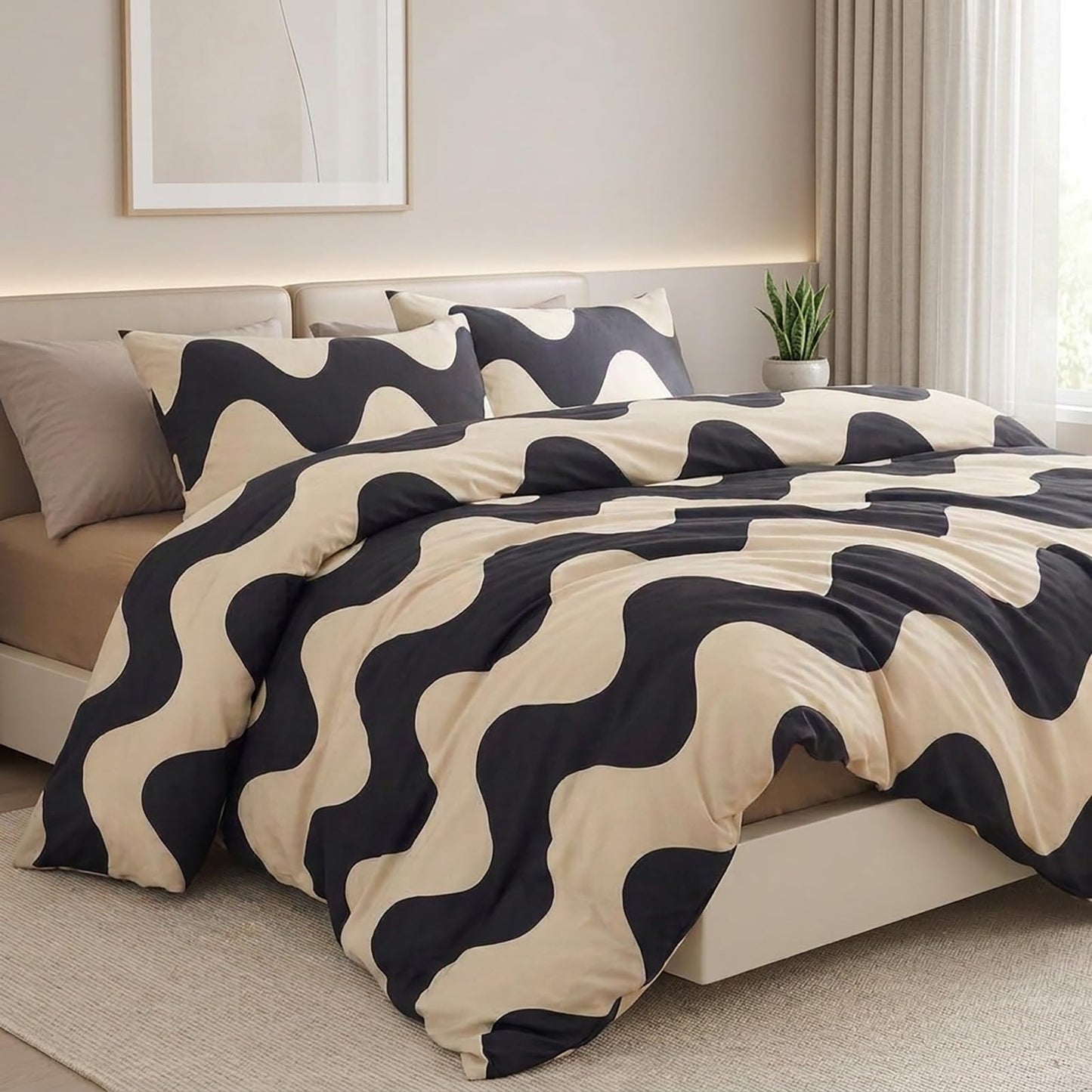Cozaline 100% Cotton Duvet Cover Queen Size,Cream White Black Geometric Striped Pattern Bedding Set with Zipper Closure, 3 Pcs Breathable and Soft Minimalist Modern Duvet Cover