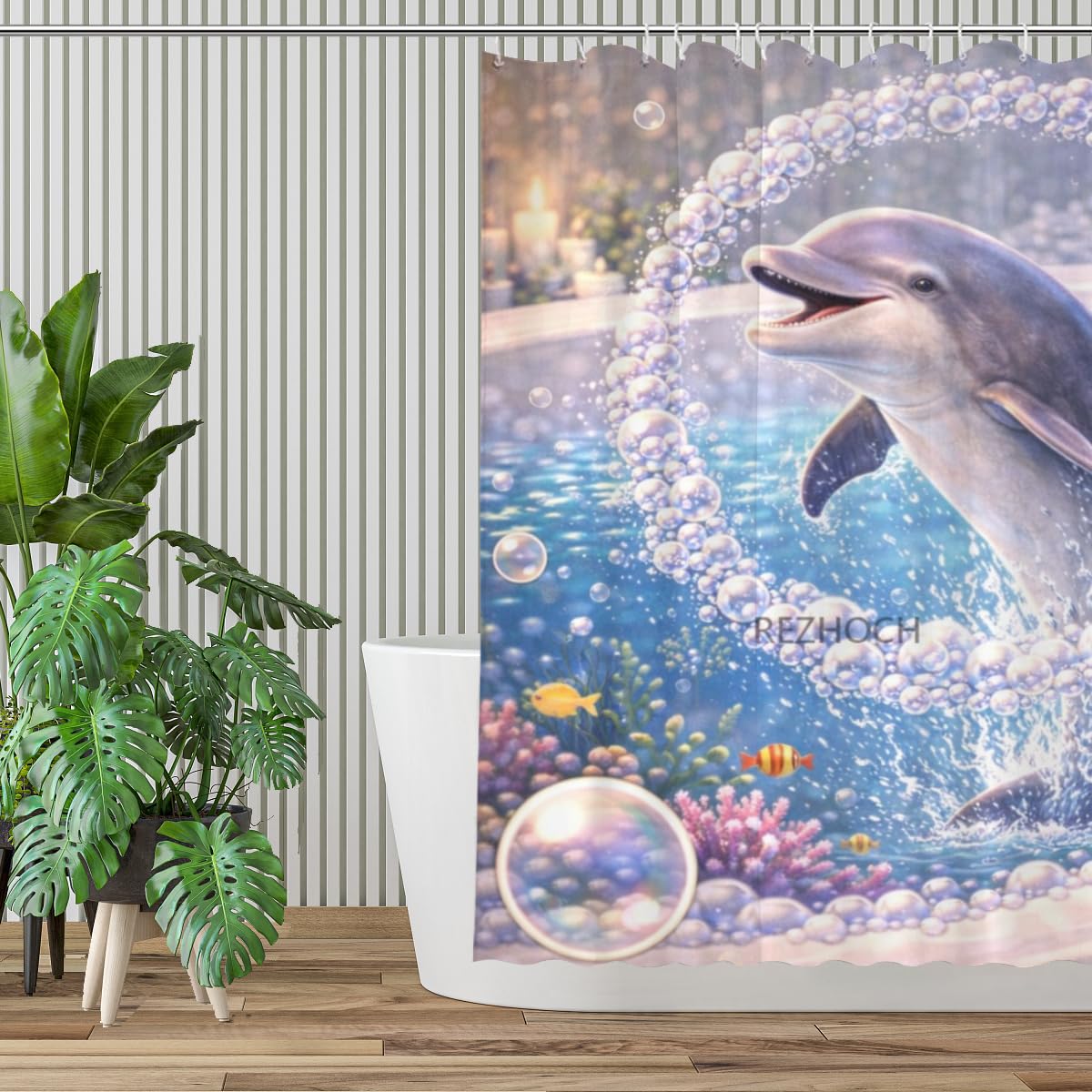 REZHOCH Funny Dolphin Shower Curtain 72x72 Inch,Cute Animal Bubble Bathroom Decor,Lovely Bathtub Waterproof Fabric Modern Art Humor Farmhouse Home Bath Set with 12 Hooks