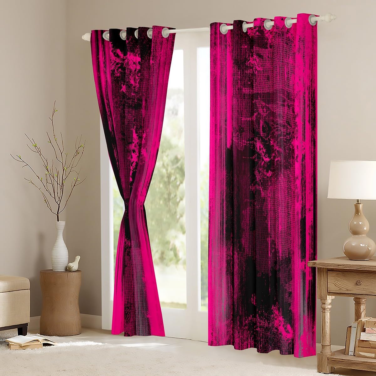 Feelyou Abstract Curtains for Bedroom Living Room Modern Abstract Art Blackout Shades Hot Pink Black Room Darkening Curtain Luxury Window Treatments, 2 Panels 38 x 45 Inch Decor