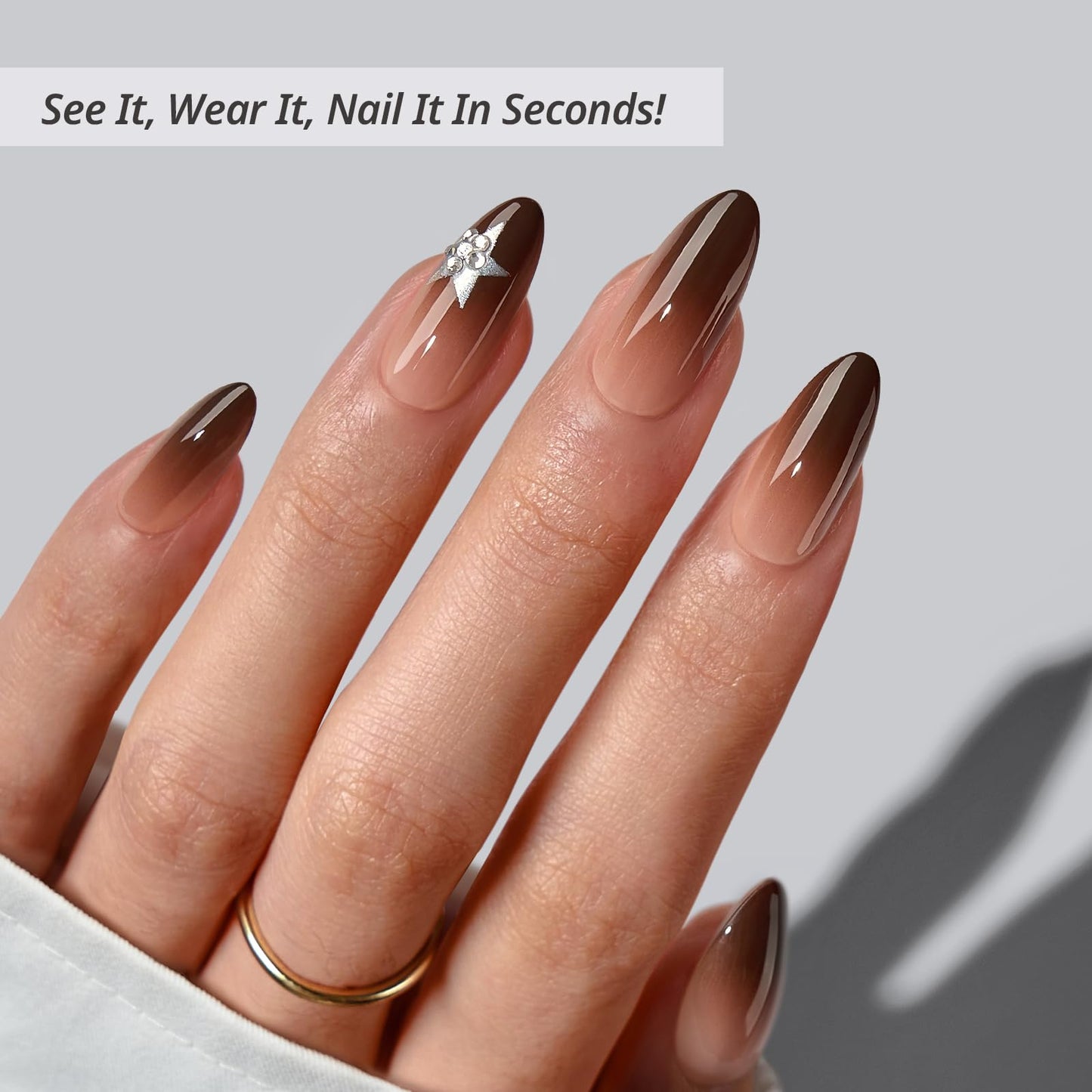 BTArtbox Press On Nails Medium - Starry Spice, Brown Almond Press On Nails with Glue and Adhesive Tabs for Women, Rhinestone Star Soft Gel Glue On Nails in 15 Sizes - 30 Stick On Nails Kit