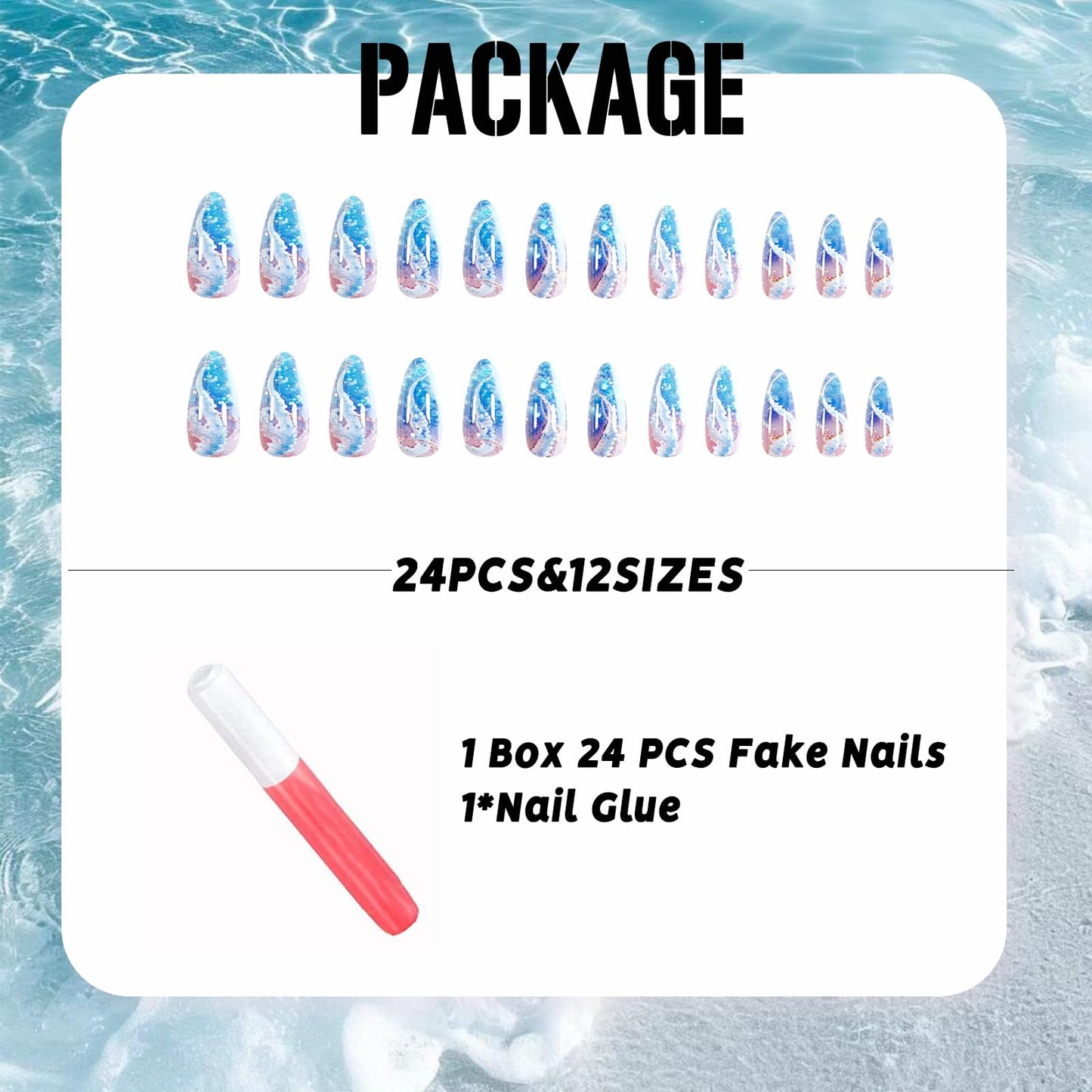 IMSOHOT Blue Press on Nails Almond Medium Fake Nails Glossy False Nails Full Cover Summer Acrylic Glue on Nails for Women DIY Manicure Decoration 24Pcs