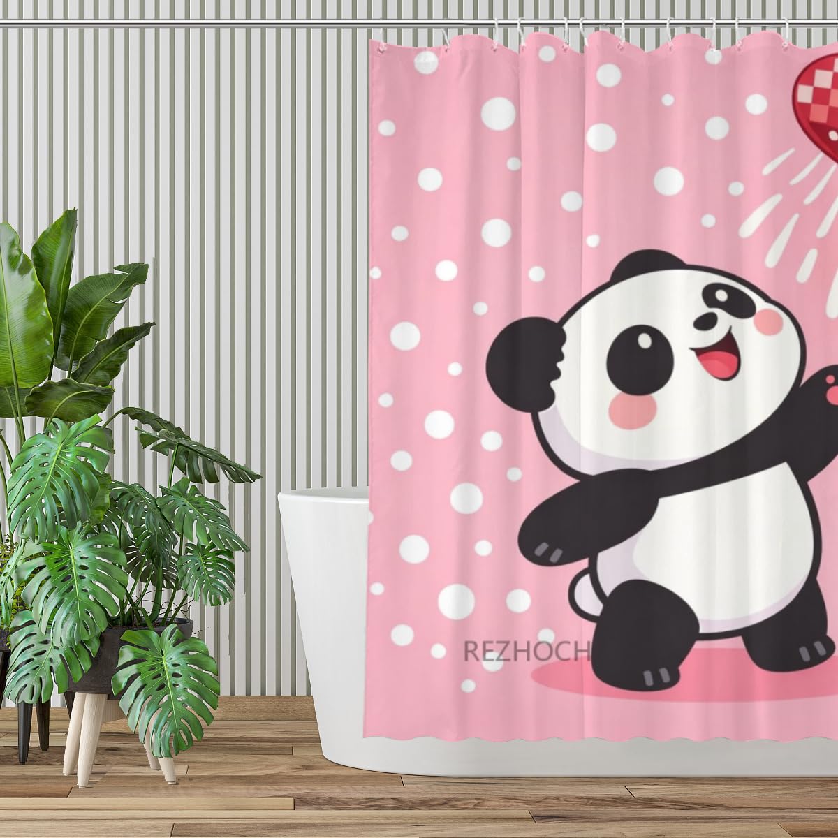 REZHOCH Cute Panda Shower Curtain 72x72Inch,Funny Cartoon Animal Pink Modern Home Bathroom Decor,Heart Showerhead Waterproof Fabric Kids Girls Farmhouse Bath Set with Hooks