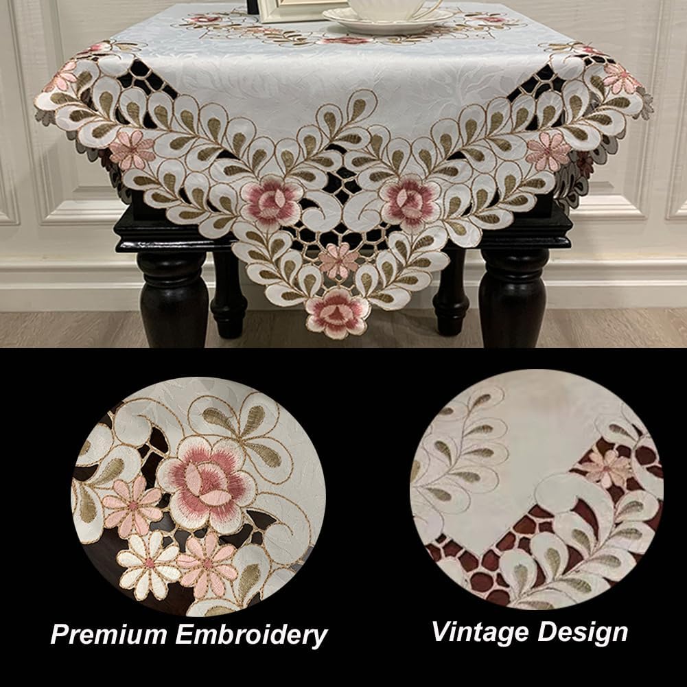 MULBESS Flower Embroidered Lace Tablecloth Damask Dust-Proof Table Cloth Fabric Table Cover for Kitchen Dinner Picnic Outdoor and Indoor Home Decor (Rectangle/Oblong, 33 x 60 inch)