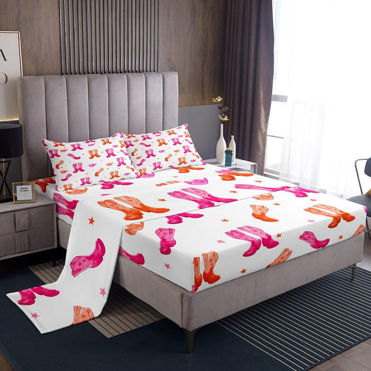 Feelyou Pink Howday Sheet Set Boys Girls Riding Boots Sheets with Deep Pocket Fitted Sheet Queen Size Western Decor Bed Sheets Set Farmhouse Cowboy Hat Bedding Set Wild Western Cowboy Bed Set 4Pcs