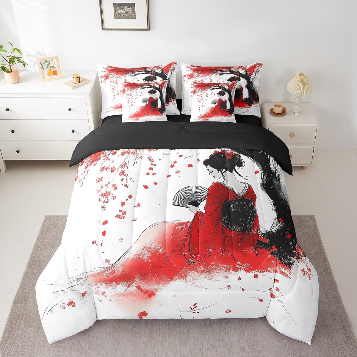 Erosebridal Aesthetic Japanese Geisha Bedding Set 7Pcs,Red Cherry Blossom Comforter Set Twin for Kids Girls Women,Japan Woman Kimono Bed in a Bag,Traditional Ukiyoe Quilt