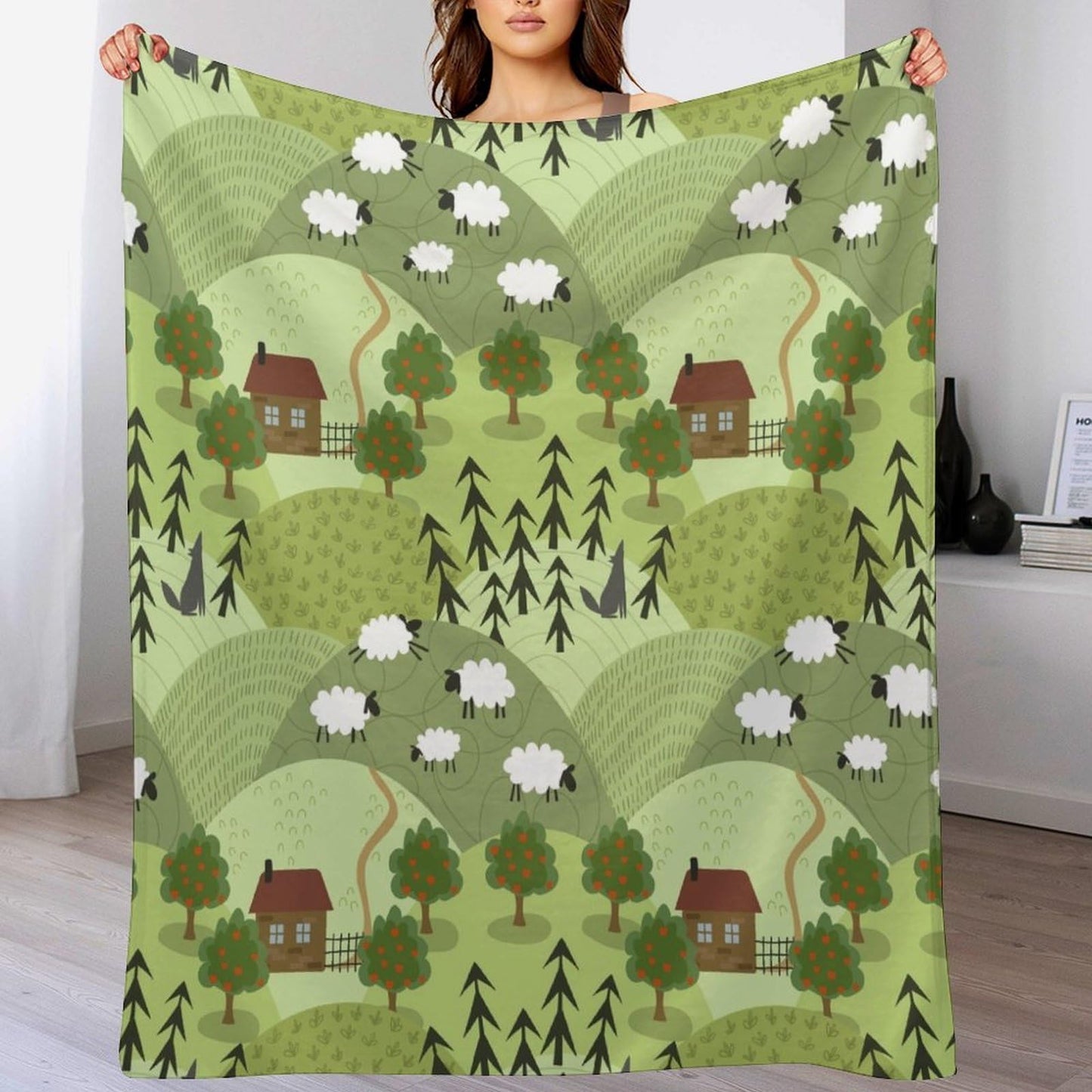Sheep Blanket Green Mountains Forest Cute Cartoon Abstract Modern Art Print Soft Cozy Lightweight Throw Blanket for Kids Girls Boys Women Bedroom Living Room Dorm Chair Sofa Travel 40x50in
