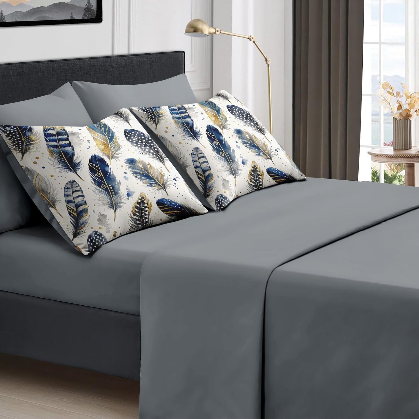 Boewywh Comforter Set Twin Size Feather Boho Navy 7 Pcs, Bedding for Kids and Adults, Gold Western Bed Sheet Sets with Fitted Sheet 2 Pillowcases & 2 Shams for Bedroom Bed Decor