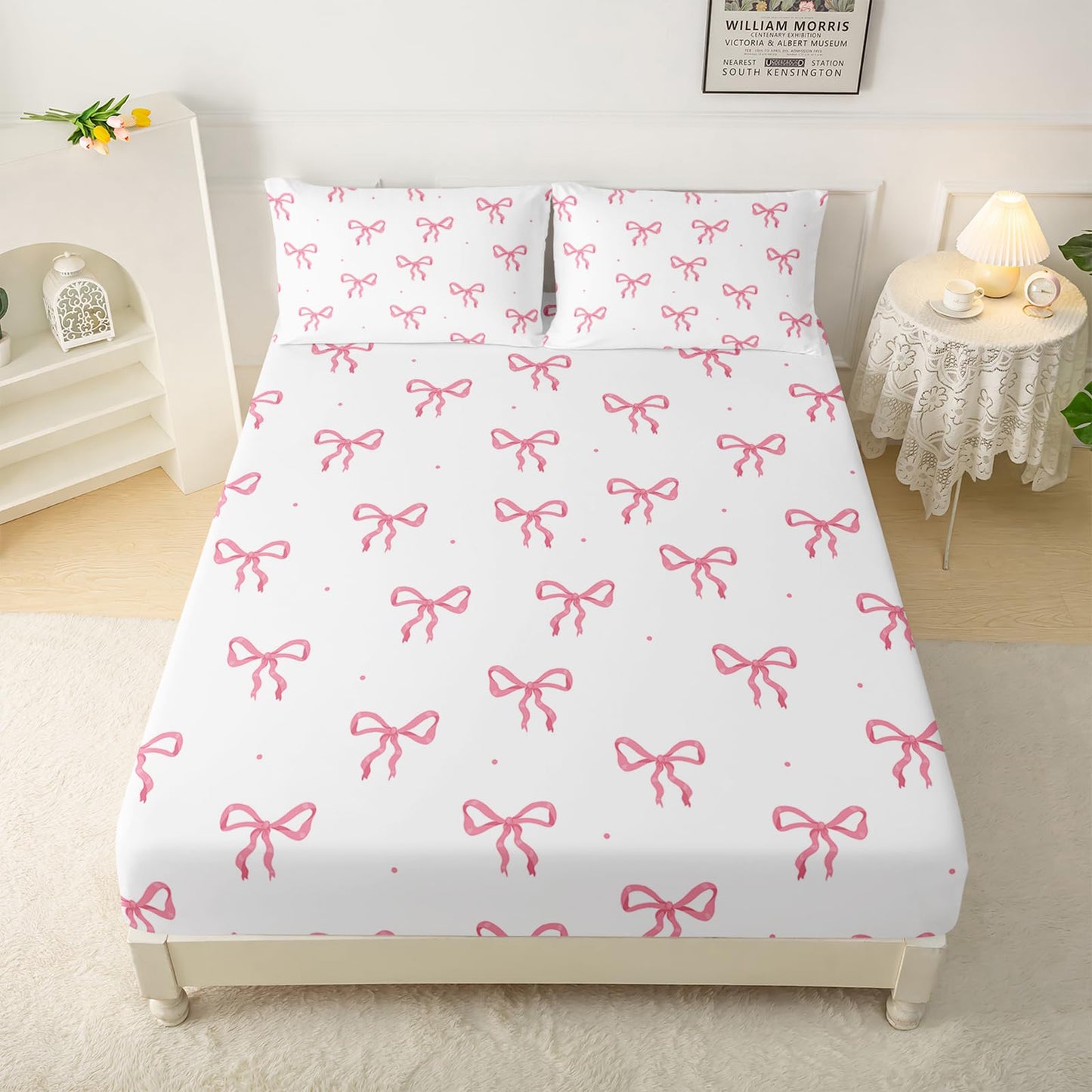 QOOMO Bow Kids Sheets Full Size,Bowknot 16" Deep Pocket Bed Sheet Set,Pink Bow Printed Bedroom Decor Bedding Set Soft and Breathable for Boys/Girls/Kids/Teens