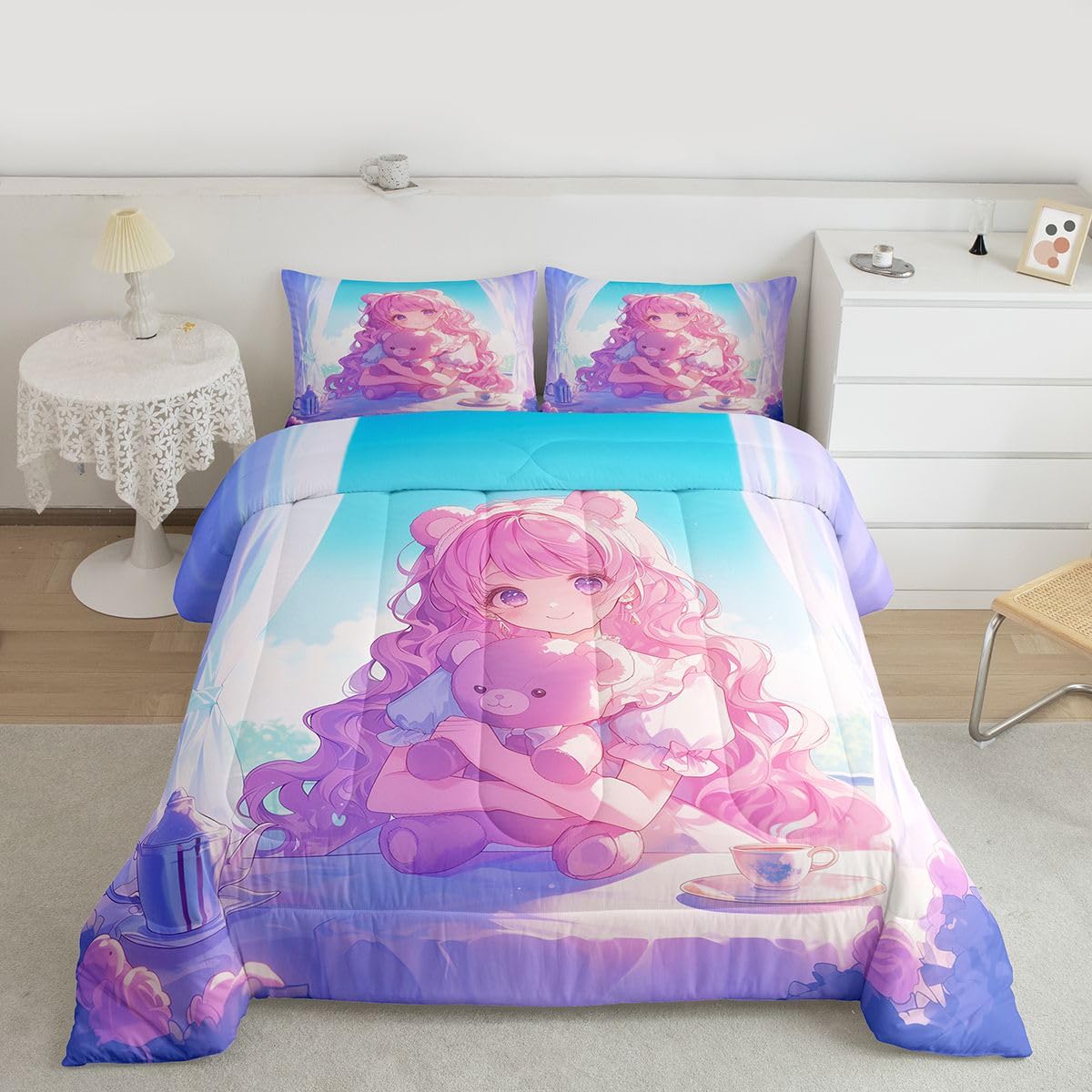 Erosebridal 3D Anime Girl Comforter Set Full, Japanese Girl Romance Love Bedding Cartoon Anime Gifts Bedding Comforter Sets, Rabbit Lovers Gifts - 1 Comforter 2 Pillow Cases