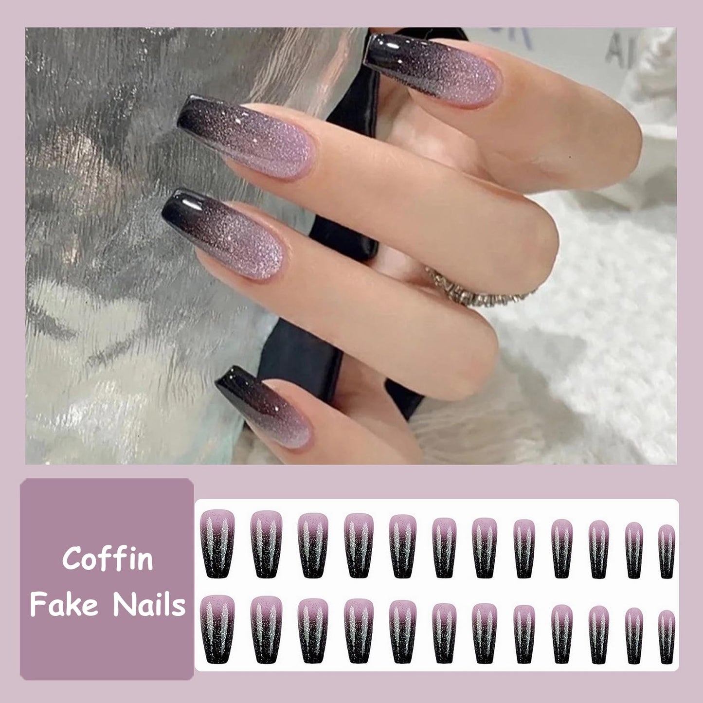 MISUD Press on Nails - Long Coffin Glue on Nails with Goth Black Purple, Acrylic Bling Glitter Design 24 pcs