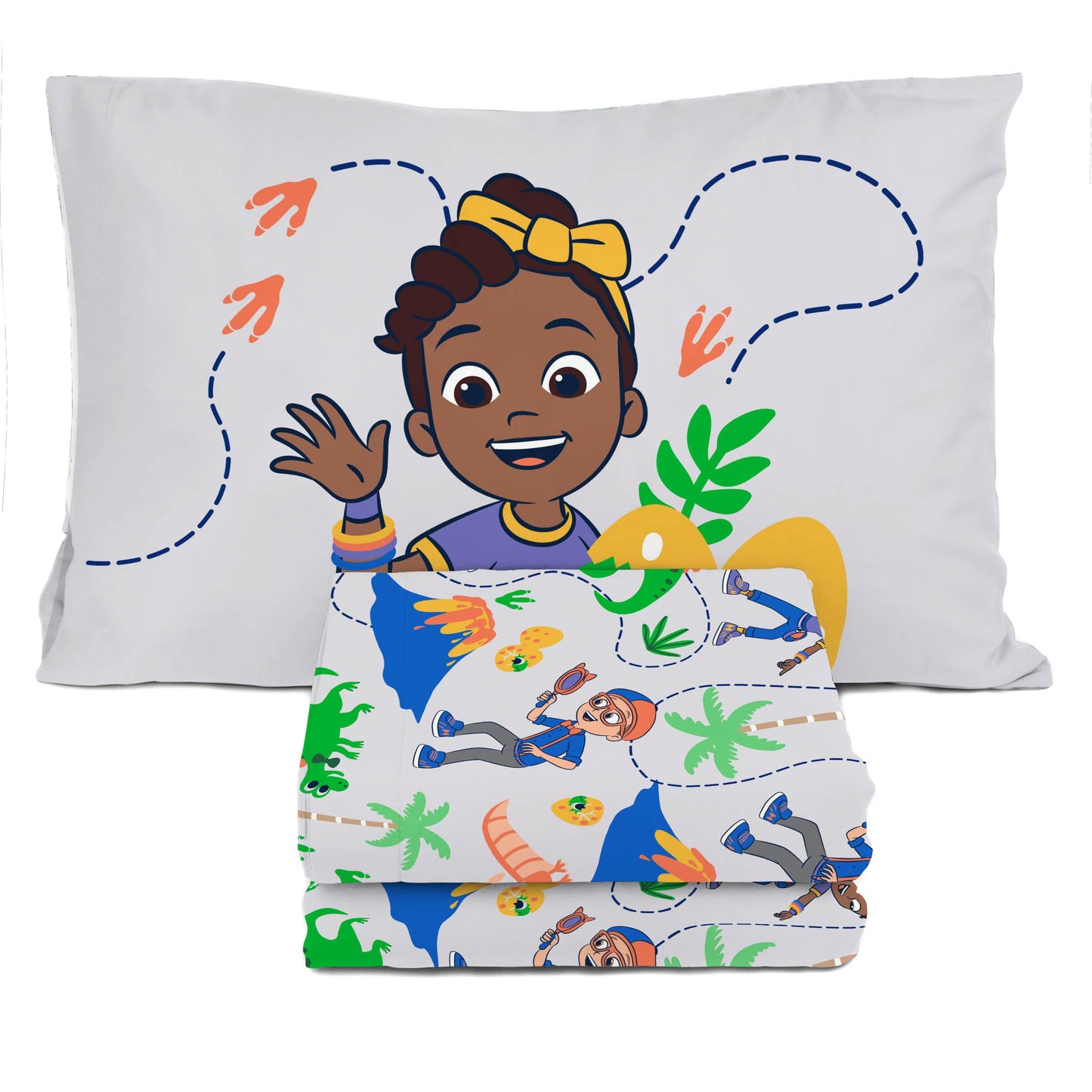 Sunny Side Up Kids Sheet Set Includes Sheets and Pillow Cover - 100% Microfiber Bedding and Room Decor, Gray - Blippi, 3 Piece Twin