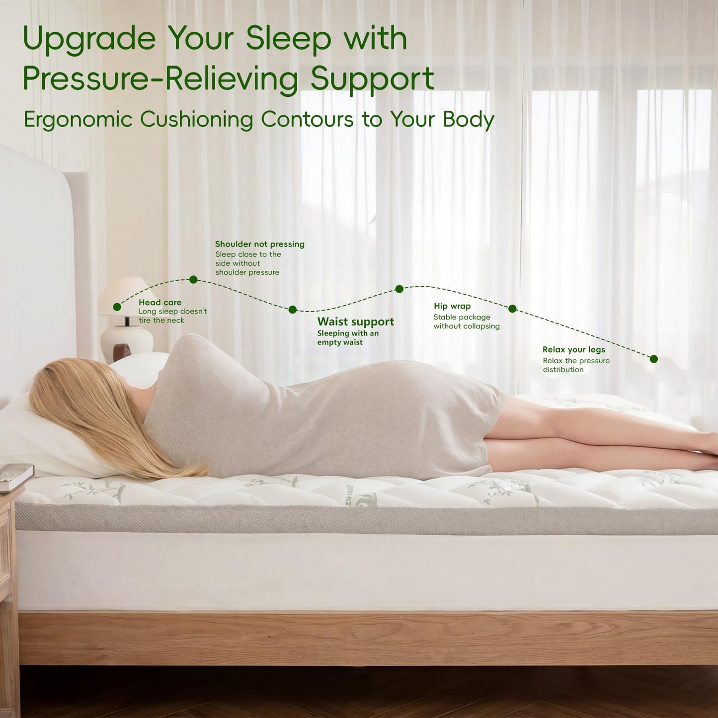 NEWDECO Twin XL Size Mattress Topper Cooling Viscose Made from Bamboo Thick Support Pillow Top Mattress Pad for Back Pain Relief Soft Breathable Mattress Cover with 8-18” Deep Pocket (Green, Twin XL)