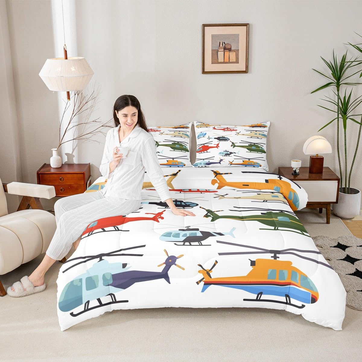 Aircraft Twin Size Comforter Set for Kids Boys - Airplane Duvet Insert and Pillow Case - White