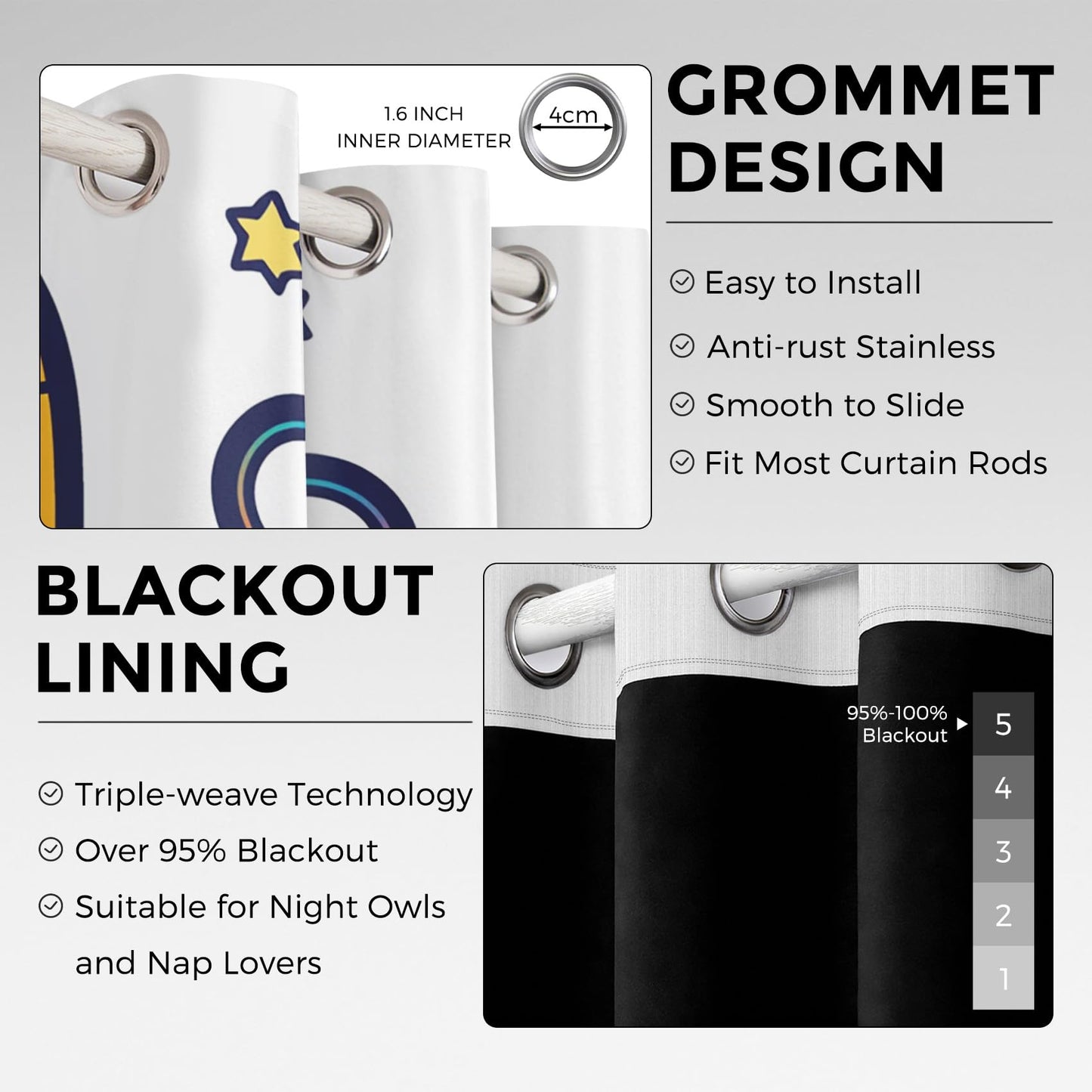 Cartoon Rocket Curtains Blackout & Home Decor, UFO Planet Curtains Bedroom Living Room Decor, Kids Boys Girls Thermal Insulated Grommet Drapes 63 Inch Long, 2 Panels Set N3Q-142