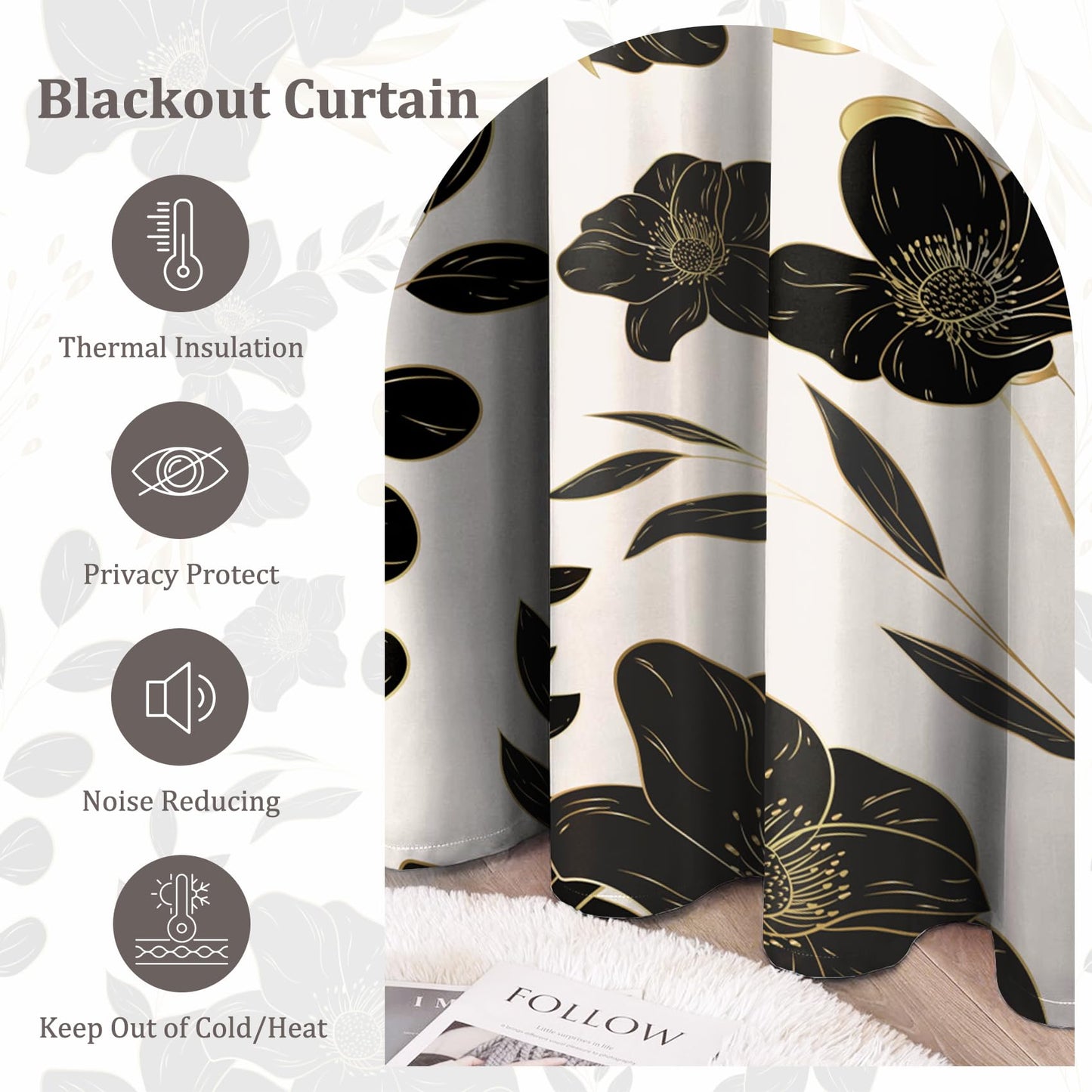 Yanutan Black Flower Flower Blackout Curtains for Bedroom/Living Room,2 Panels Sets Window Curtain,Gold Black Floral Thermal Insulated Printed Curtains with Grommet,42" Wx84 L