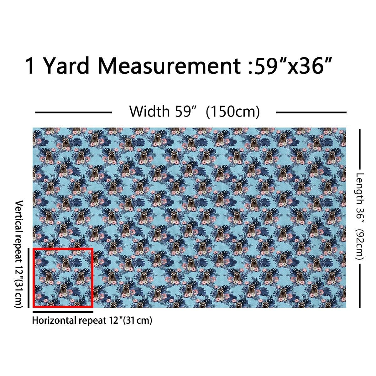 Cute Raccoon Fabric by The Yard Blue Palm Leaves Pink Flowers No Stretch Sewing Fabrics Lovely Wild Animals Tropical Plants Soft Flannel Polyester Fabric for DIY Home Accents 1 Yard Pre-Cut,36"x59"