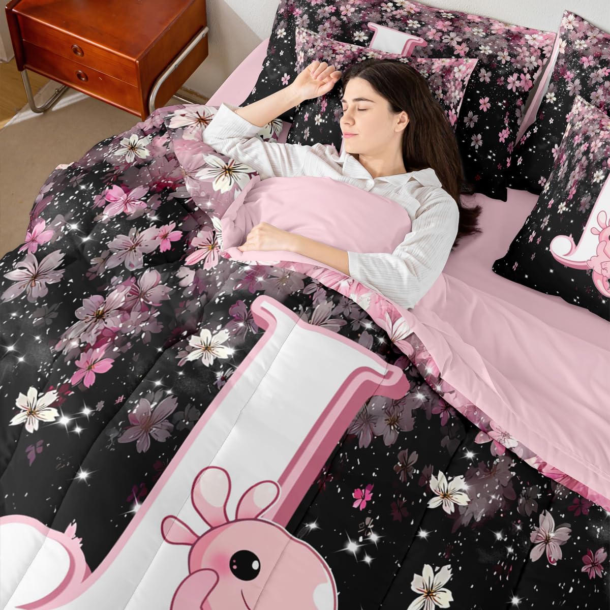 Erosebridal Twin Size Cute Axolotl Bed in A Bag 7 Pieces for Kids Girls Teens | Initial Letter J Comforter Set with Sheets Japanese Cherry Blossom Bedding Set with Flat Fitted Sheets (Pink and White)