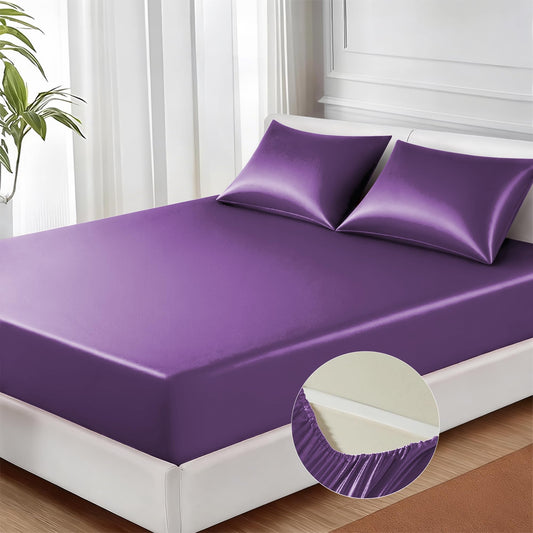 MR&HM Satin Fitted Sheet Queen Size, Silky Bottom Sheet with Elastic Corner Straps, Deep Pocket up to 15 Inch, No More Slipping Off for Mattress - 1 Fitted Sheet Only (Lavender)