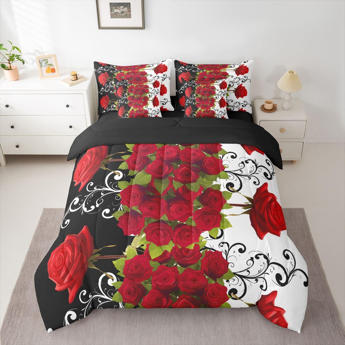 Erosebridal Valentine Roses Queen Comforter Set with Sheets 7 Piece Romantic Red Florals Bed in A Bag Valentine Day Gift Bedding Sets for Women Men Adults,Stylish Aesthetic Bed Set