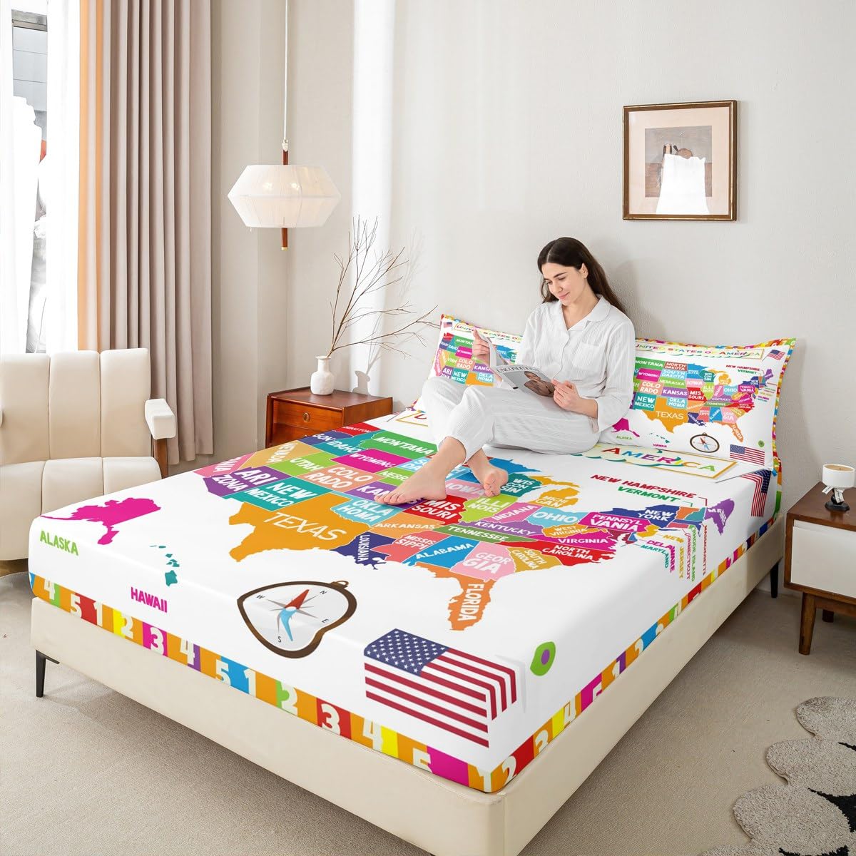 USA Map Fitted Sheet Twin, Geography USA Map Bed Sheet Set for Boys Girls Educational Bedding Set Learning Time Bed Cover 2Pcs (No TOP Sheet)