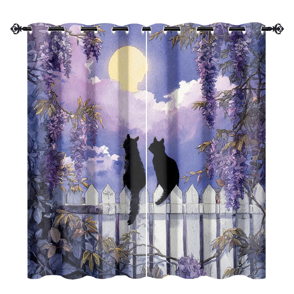 XSUPFLYM Cute Realistic Black Cat Window Thermal Curtain Rustic Full Moon Night Japanese Animal Black Cat Plant Lilac Floral Blackout Curtains for Bedroom 2 Panels Each.Each 21" W x 45" L