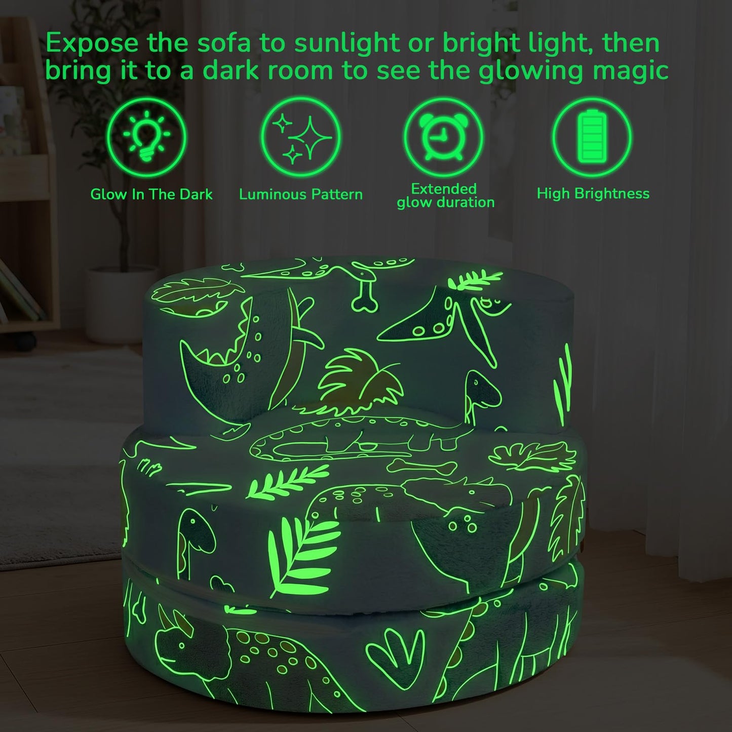 MeMoreCool Dinosaur Kids Chair, Flip-Open Kids Couch, Glow Print, Blue