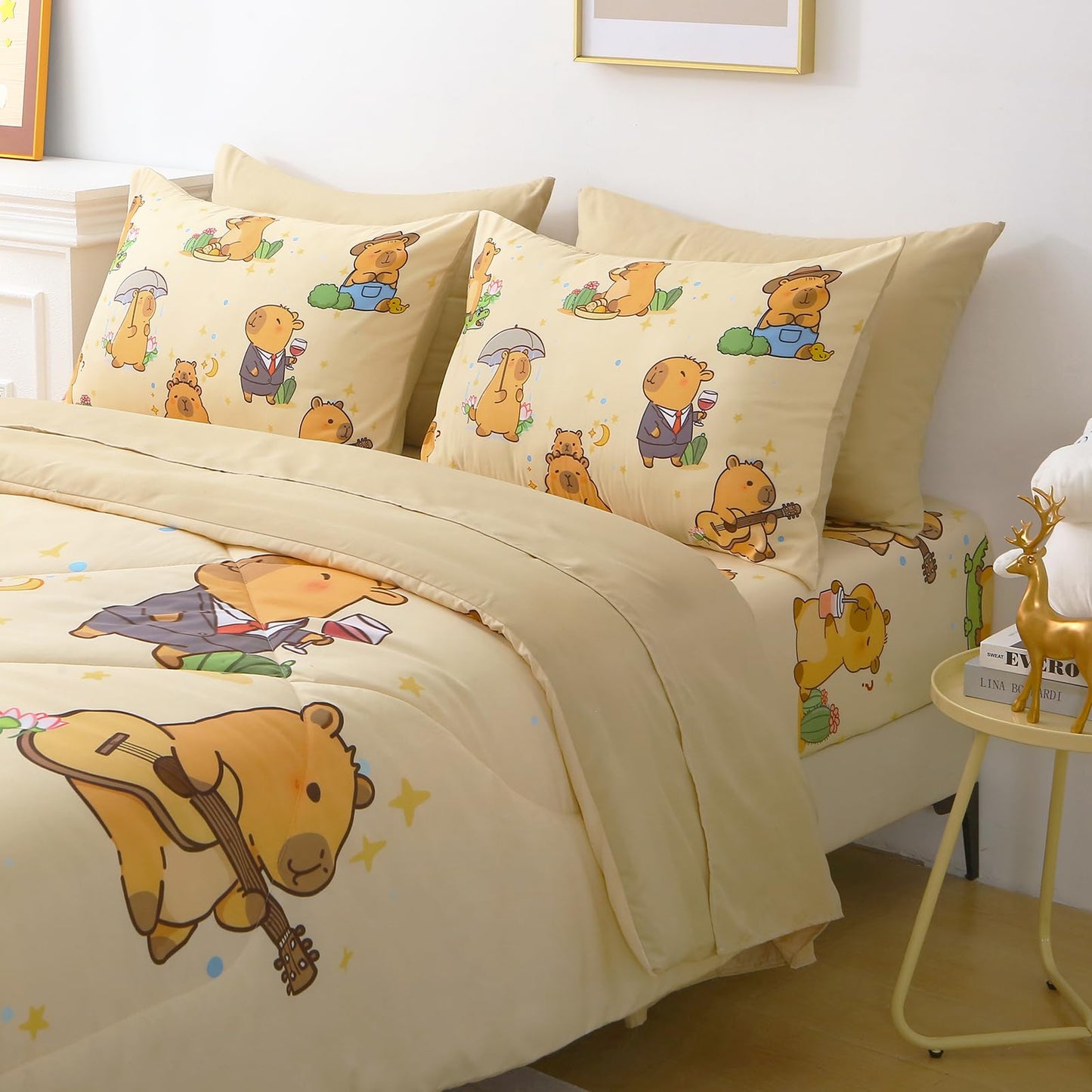 Jameswish 7 Piece Capybara Comforter Set Full Size Cute Cartoon Capybara Bedding Set Super Soft All Season Bedroom Decor for Kids Girls Boys Teens Birthday Choice