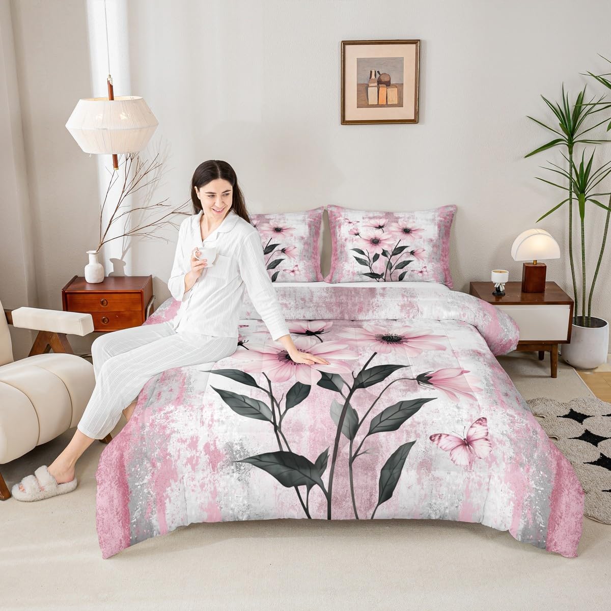 Erosebridal Watercolor Daisy Flowers Queen Comforter Set Abstract Oil Painting Bedding Set Rustic Farmhouse Bed Set Ombre Pink White Quilt Set
