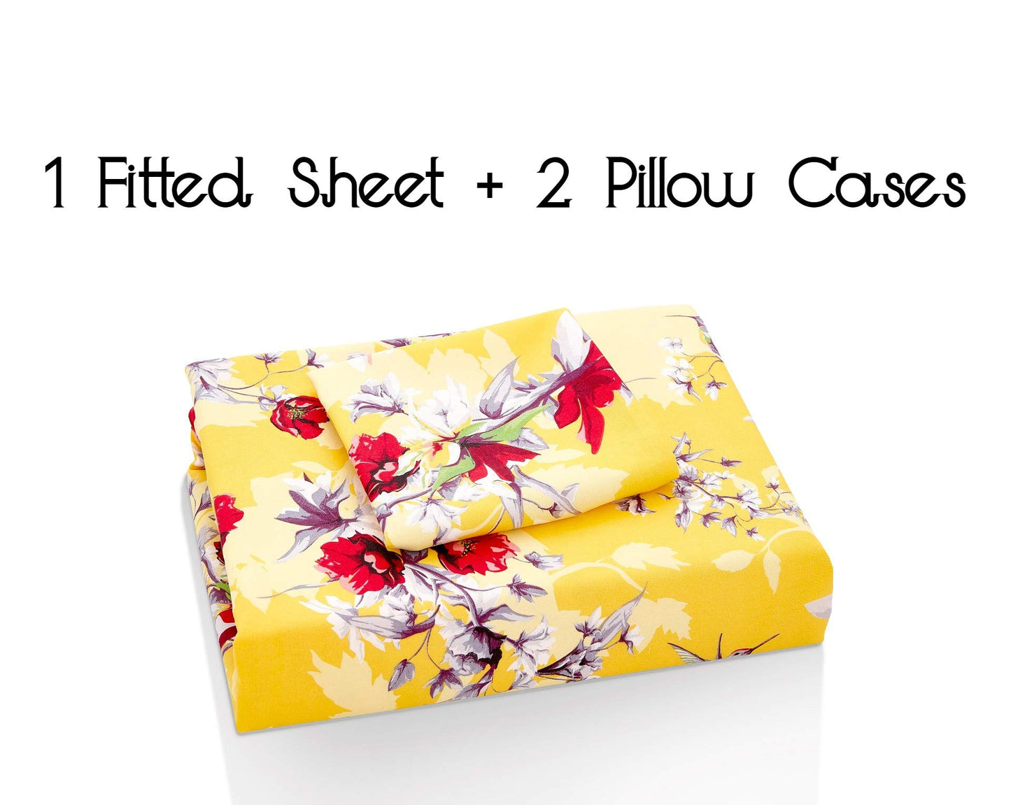 DaDa Bedding Radiant Sunshine Birds Floral Yellow Fitted Sheet - Spring Time Hummingbirds Bright Vibrant Multi-Colorful Red Flowers w/Pillow Cases Set - Full Size - 3-Pieces