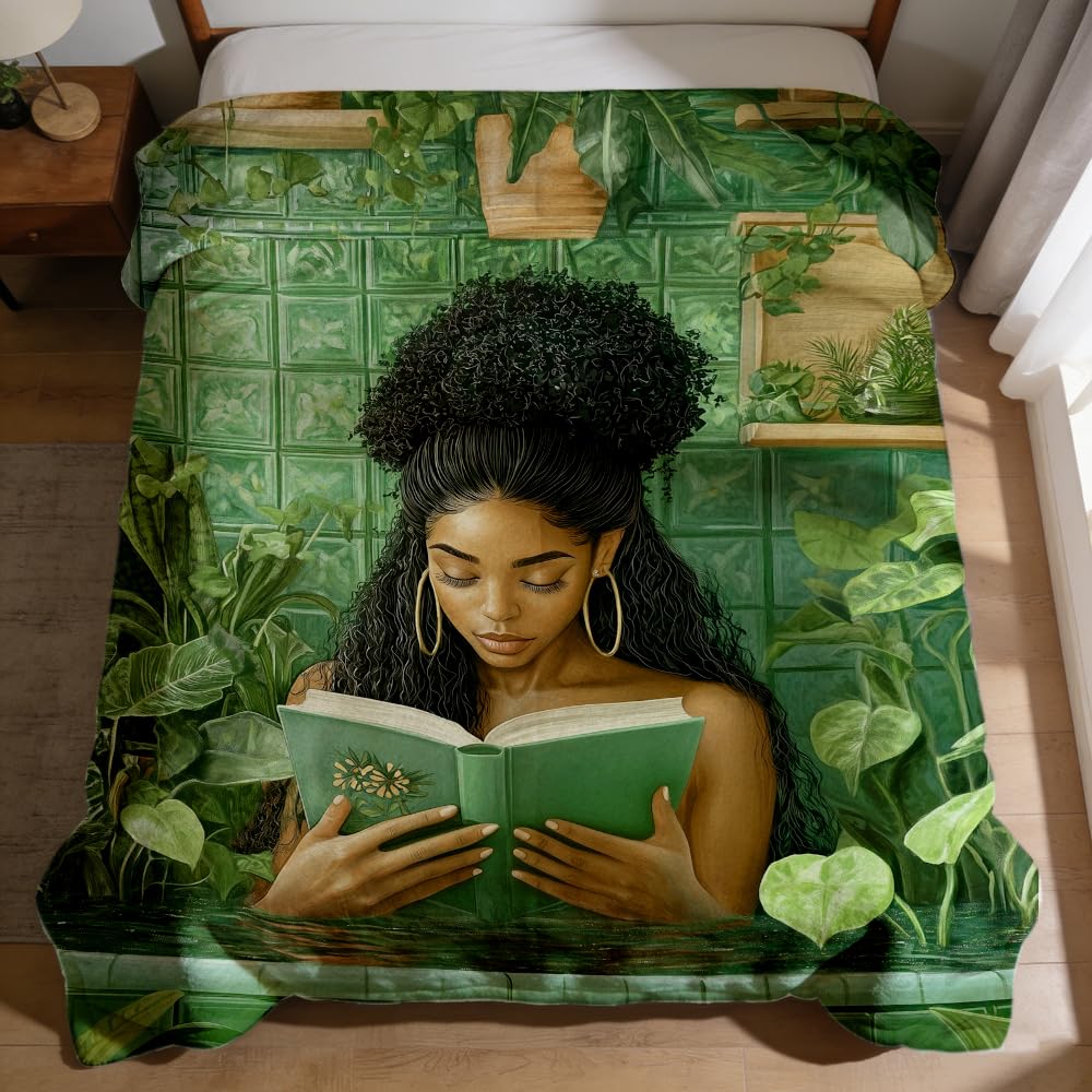 ZHOUSHUTONG Black Girl Reading Book in Bathtub Flannel Throw Blanket, Cozy Warm African American Women Blankets, Lightweight Fuzzy Soft Green Botanical Flannel Blanket for Couch Bed Sofa 49"x59"