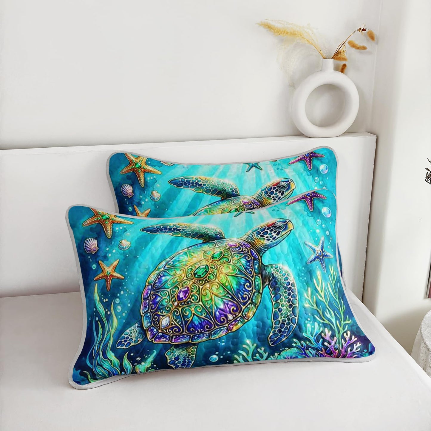 UEVBF Teal Ocean Theme Quilts Set King Size,3Pcs Sea Turtle Coral Shell Bedspread for Kids Adults Girls Boys Room Decor,Soft Lightweight Bedding Sets with 2 Pillowcases.