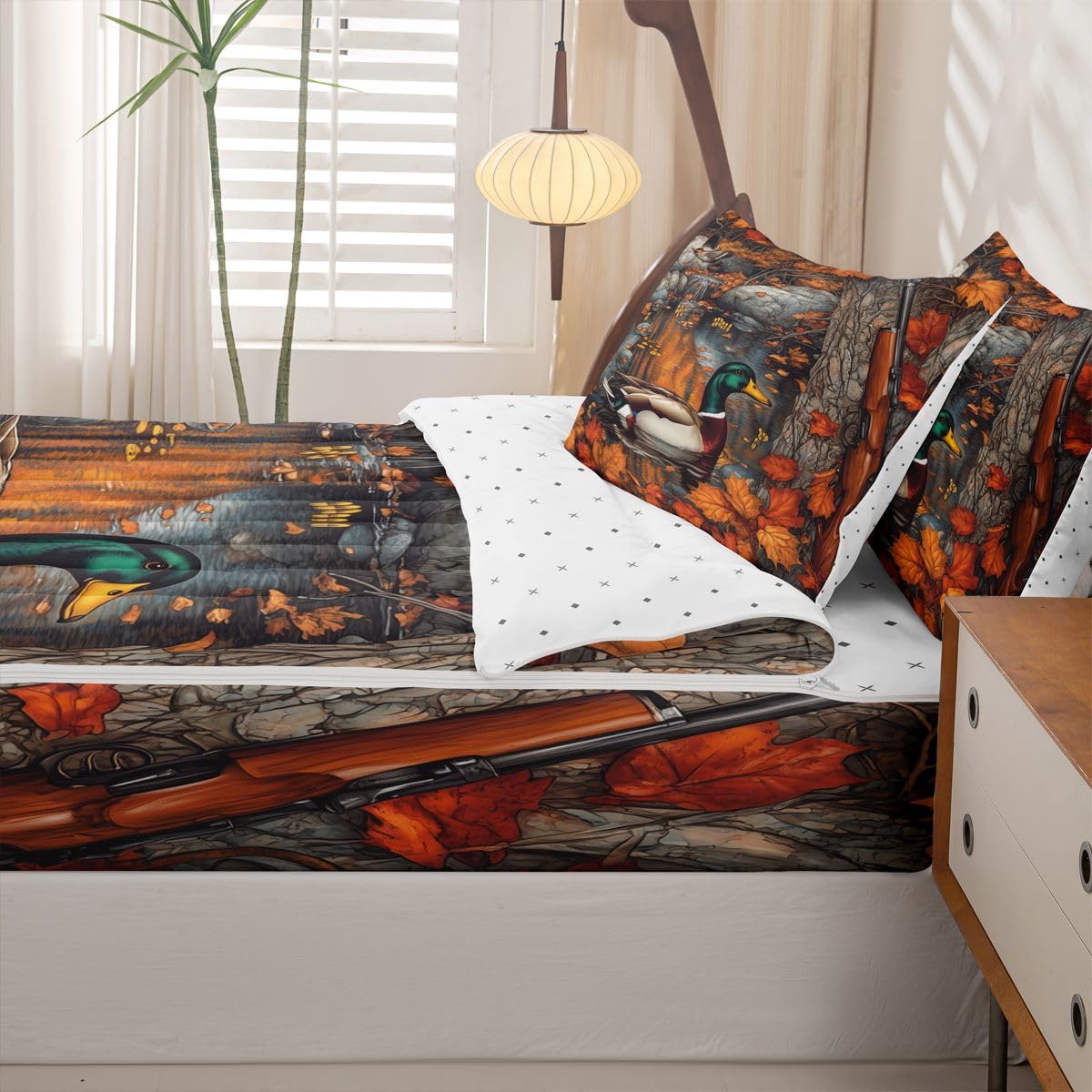 jejeloiu Mallard Duck Twin Zipper Bedding Set Hunting Wildlife Kids Comforter Set with Fitted Sheet and 2 Pillowcases Autumn Pond Bed in a Bag Duck Zip Up Bedding Soft Microfiber
