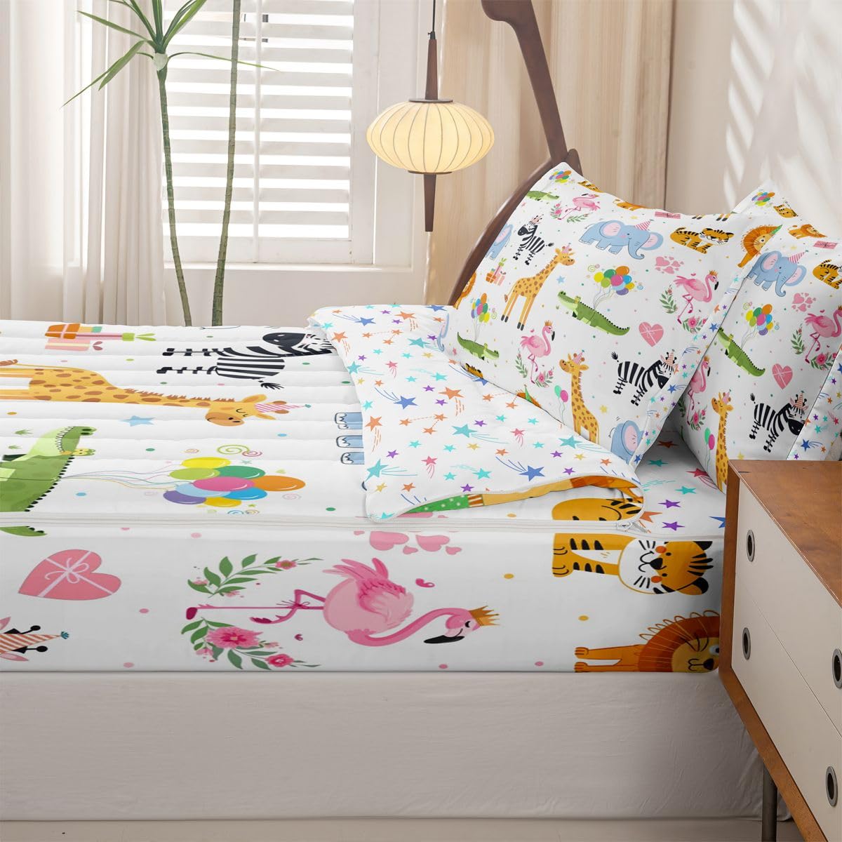 Erosebridal Party Animals Zip Up Comforter Set Nursery Funny Cartoon Wild Animals Twin Zipper Bedding Kids Flamingo Giraffe Elephant Zebra Crocodile Bed Set with Sheets Love Heart Floral Bed in a Bag