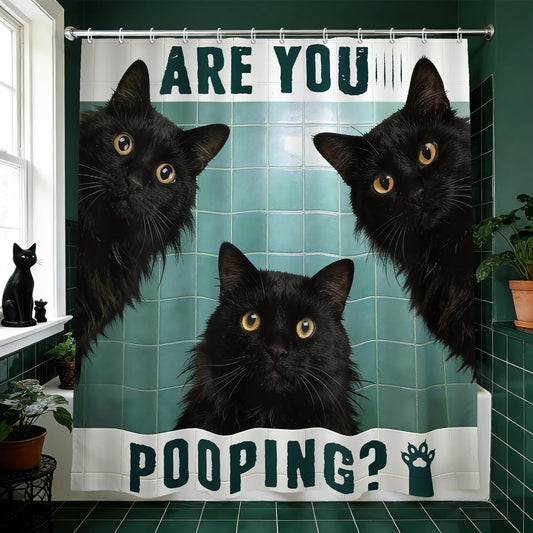MEHOFOND Funny Cat Shower Curtain Cute Fun Black Cats Green Tiles Shower Curtain for Bathroom are You Pooping Bathtub Decor Fabric Waterproof Washable Bath Curtain 72x72 Inch