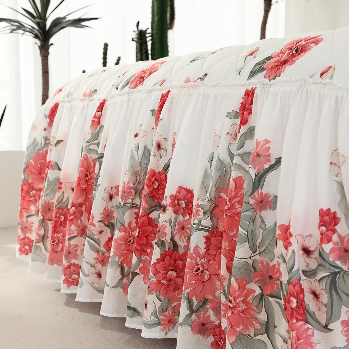 EVENHUG Ruffle Skirt Queen Size Bedspread Set Red Floral 100% Cotton Quilt Bedding Sets with Pillow Shams Lightweight Soft Coverlet Bed Spreads Sets 3 Piece (Queen, 60"x80")