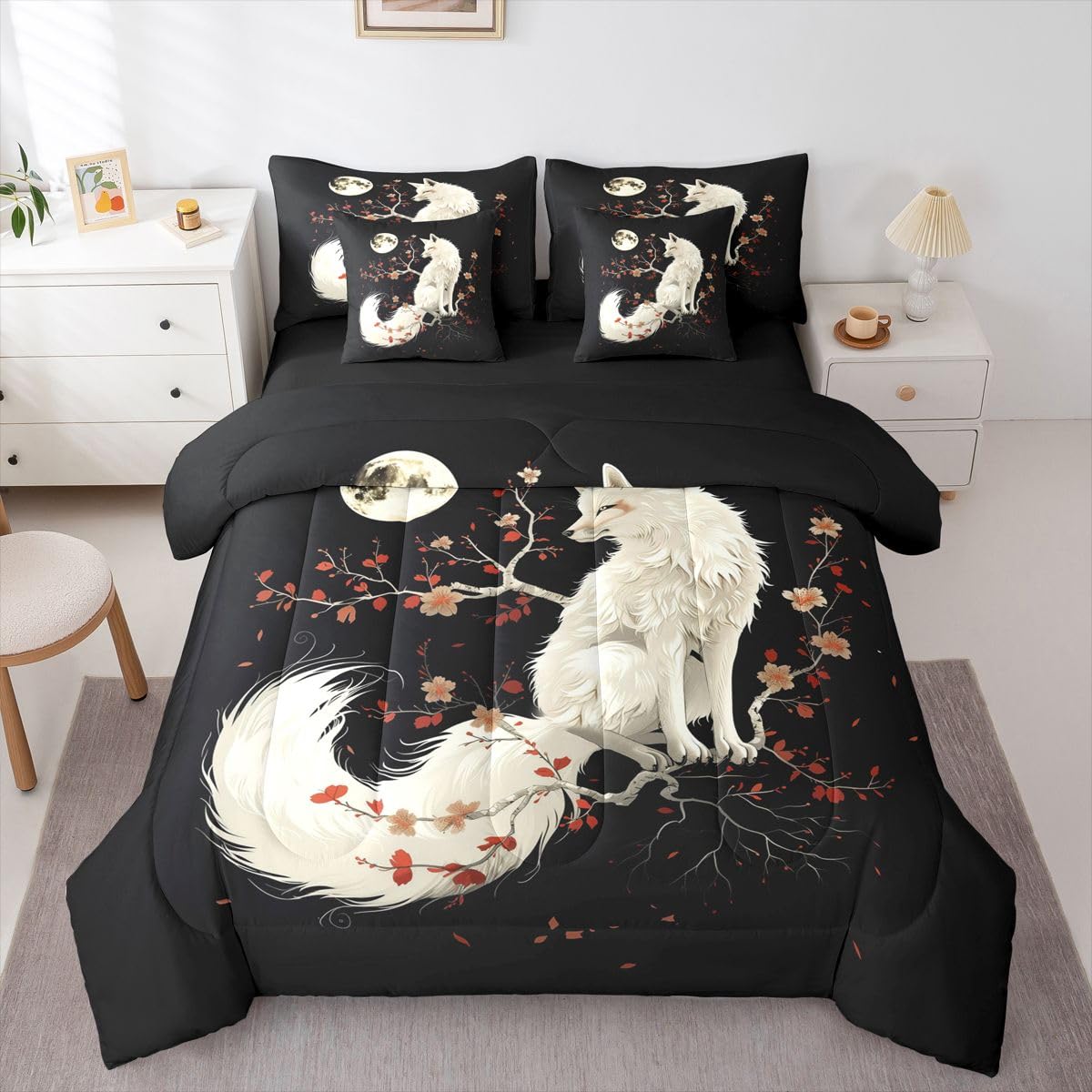 7 Pieces Twin Size White Fox Comforter Set,Japan Ukiyo-e Cherry Blossom Bedding Set for Boys Girls,Exotic Animal Rustic Farmhouse (Comforter+Fitted+Flat Sheet+2 Pillowcases+2 Throw Pillow Covers)