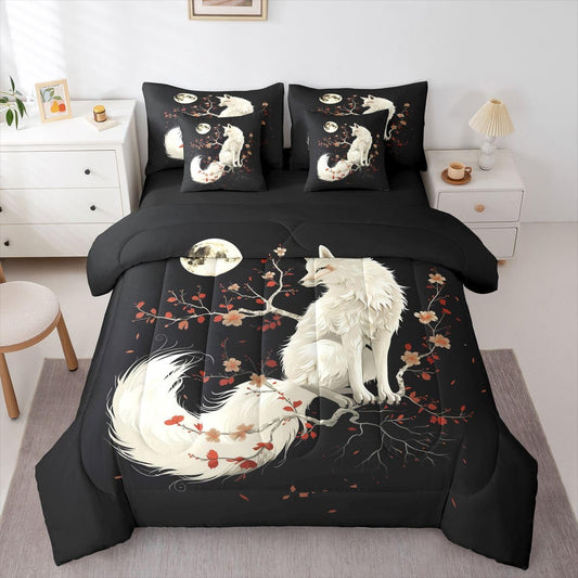 7 Pieces Twin Size White Fox Comforter Set,Japan Ukiyo-e Cherry Blossom Bedding Set for Boys Girls,Exotic Animal Rustic Farmhouse (Comforter+Fitted+Flat Sheet+2 Pillowcases+2 Throw Pillow Covers)