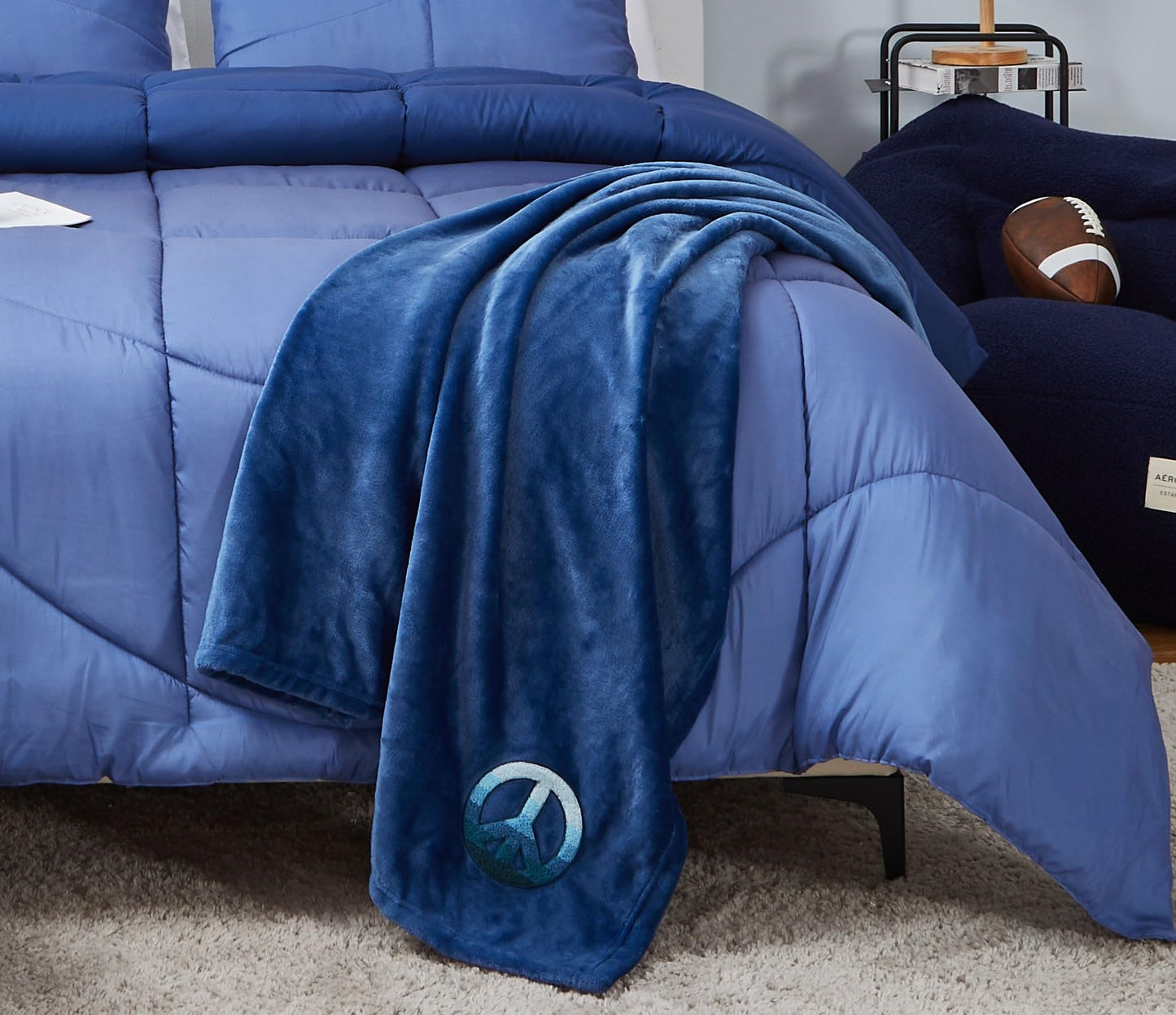 Aeropostale 50"x70" Luxurious Navy Soft Plush Oversized Throw Blanket with Decorative Peace Sign Patch