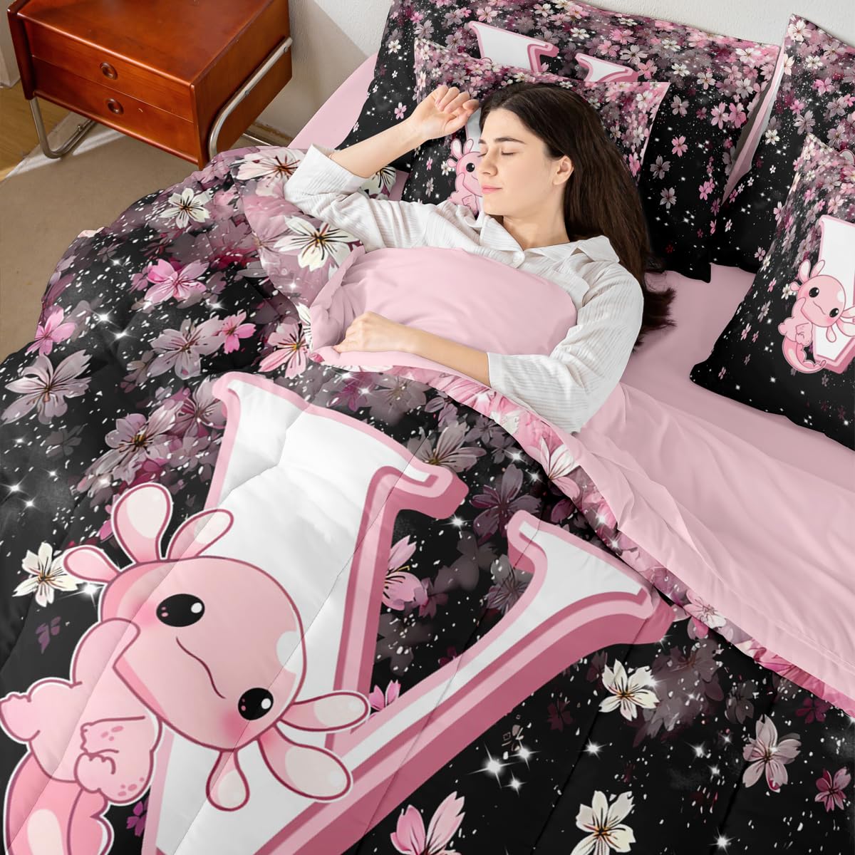 Erosebridal 7 Pieces Cute Letter Initial V Bed in A Bag Twin Size | Cute Axolotl Comforter Set with Sheets for Kids Girls Teens Pink and White Cherry Blossom Bedding Set Kawaii Axolotl Quilt Sets
