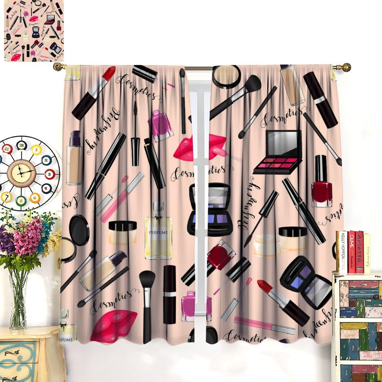 Nanacur Fashion Makeup Curtains, Women Girls Cosmetic Lipstick Red Lip Sweet Romantic Window Treatments Drapes, for Living Room Bedroom 42" W X 45" L (Decorative)