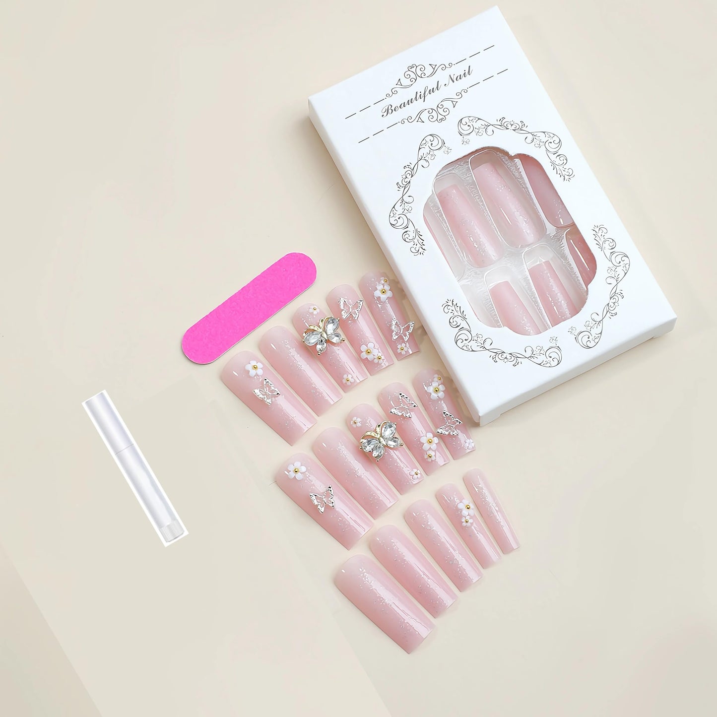 BABALAL Long Square Press on Nails - Pink Acrylic Glue on Nails with 3D Butterfly Flower Charms, Glitter Manicure Artificial False Nails for Women & Girls 24pcs