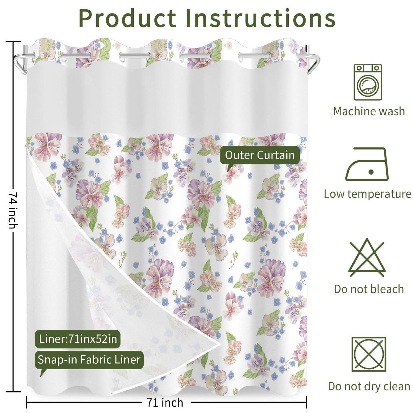 NAEMBCU No Hook Shower Curtain with Snap in Liner Set FYLX00230
